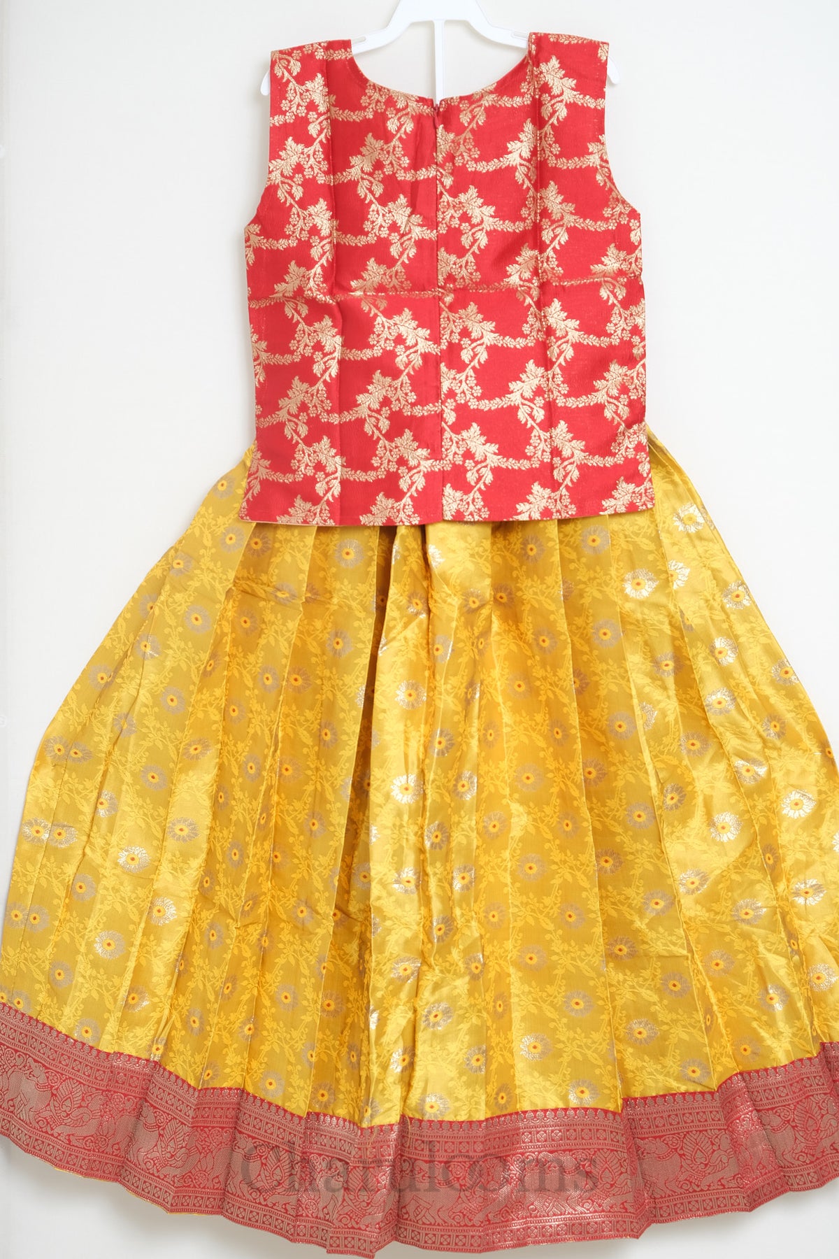 Red & Mustard Yellow Pattu Pavada