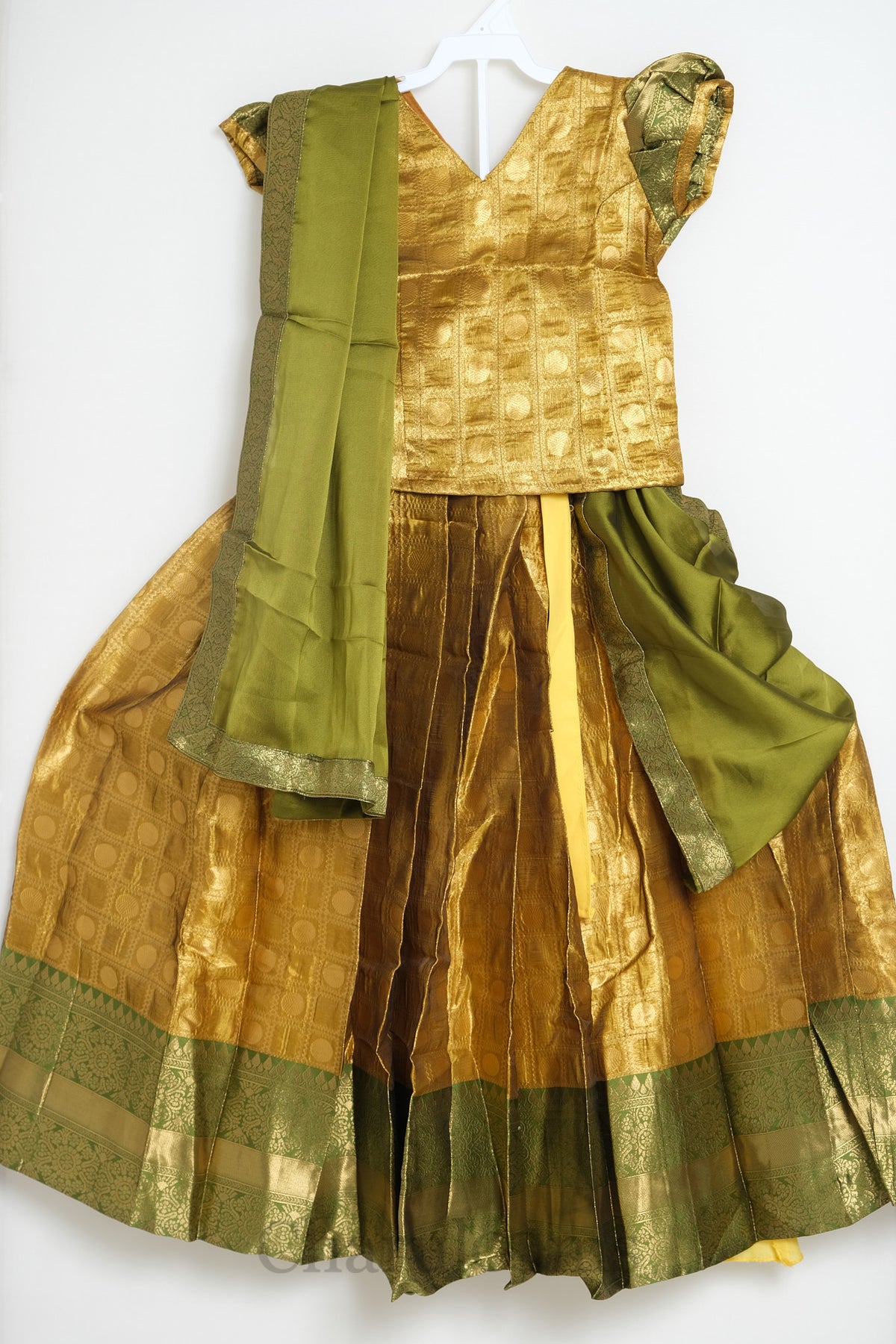 Gold & Olive Green Pattu Pavada with Dupatta