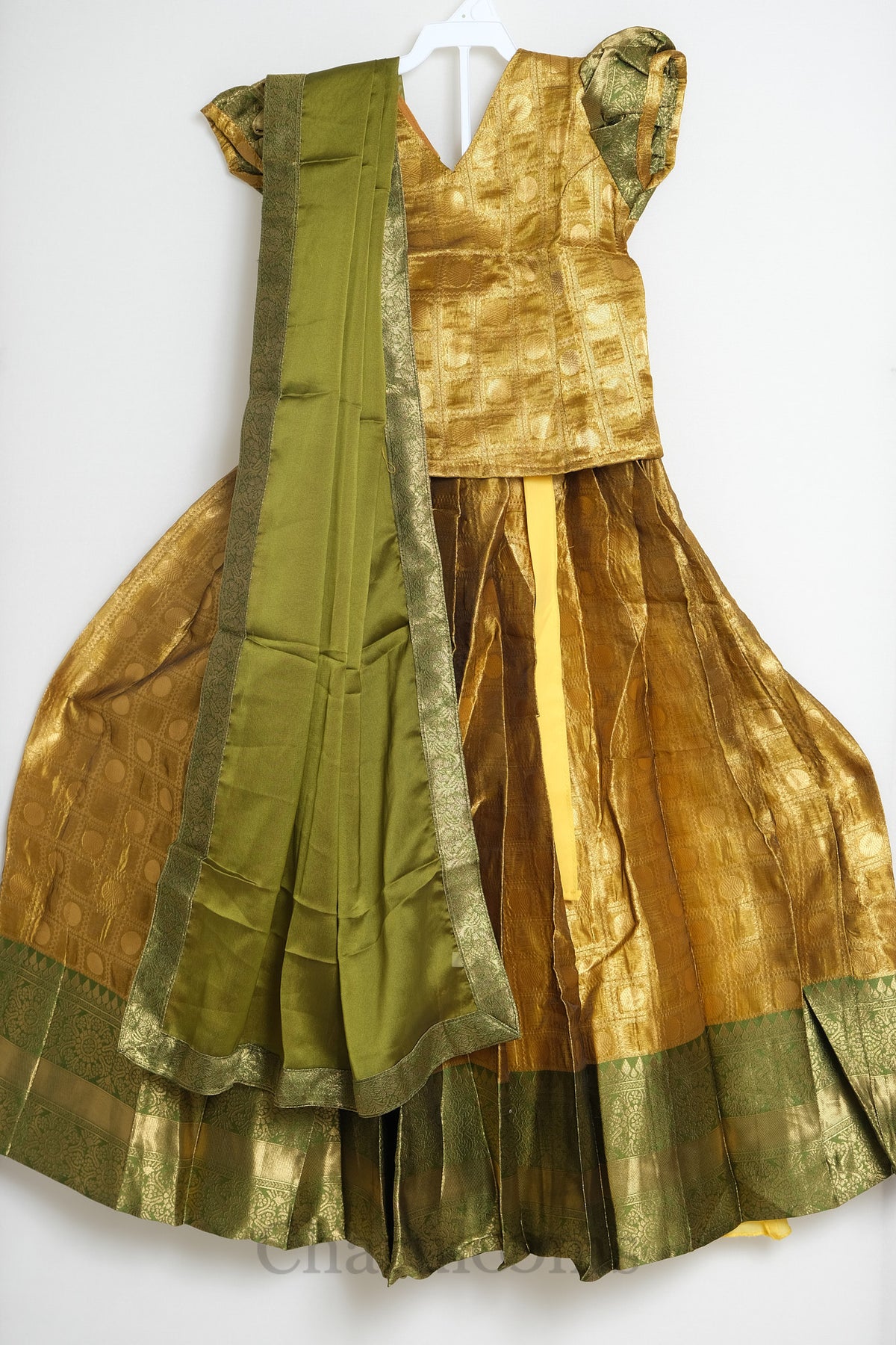 Gold & Olive Green Pattu Pavada with Dupatta
