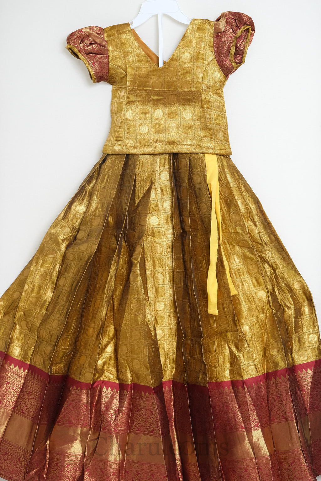 Antique Gold & Maroon Pattu Pavada