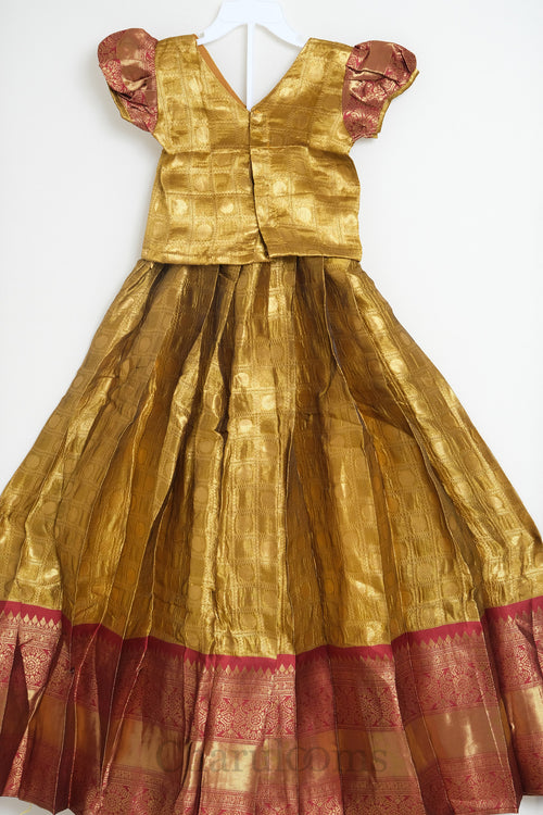 Antique Gold & Maroon Pattu Pavada