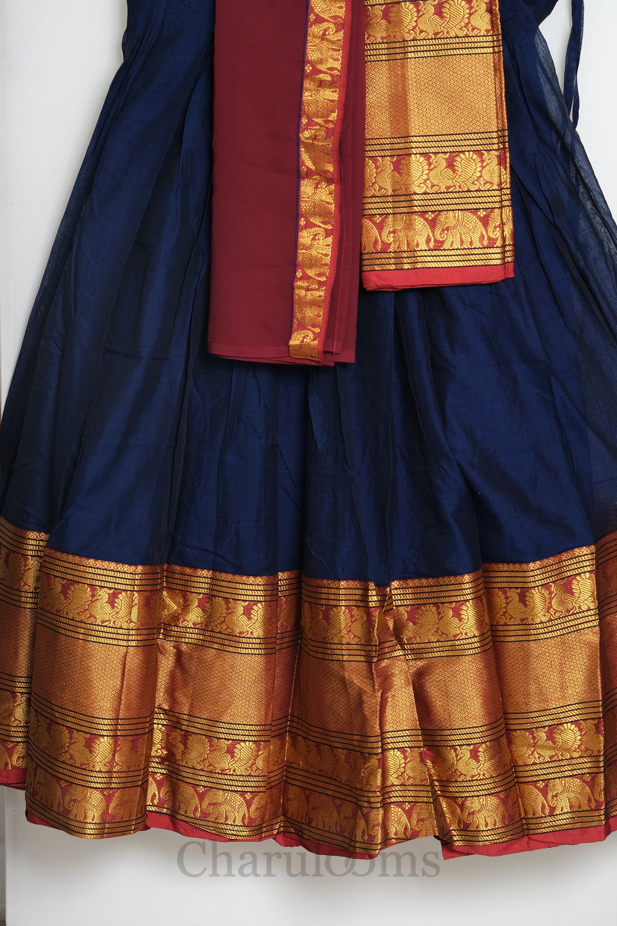 Navy Blue & Maroon Narayanpet Cotton Dhavani Set
