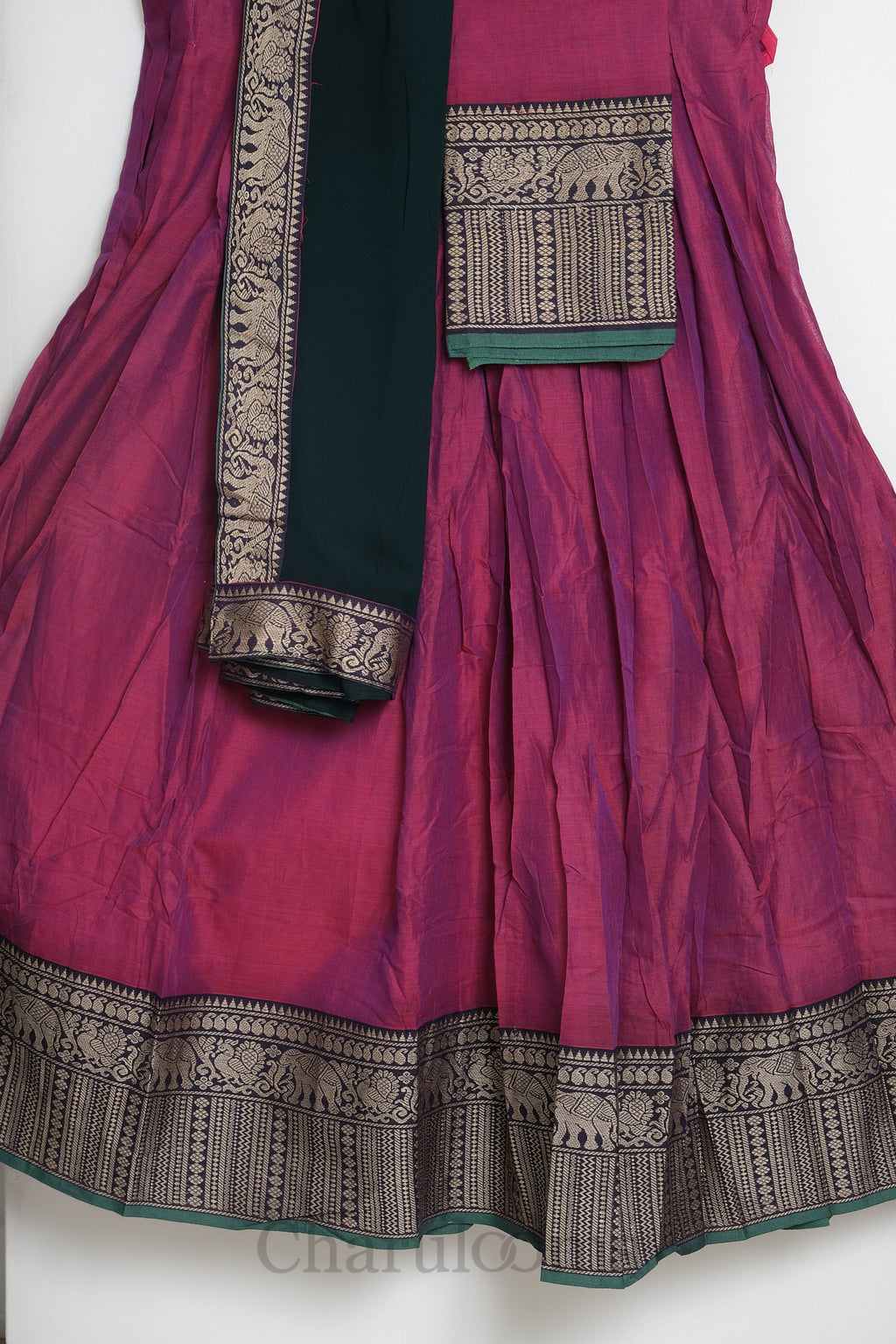 Magenta Pink & Bottle Green Narayanpet Cotton Dhavani Set