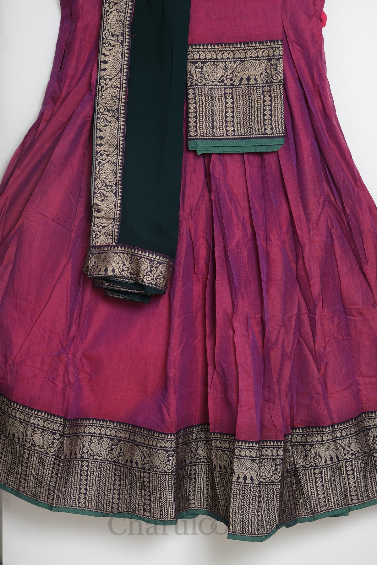 Magenta Pink & Bottle Green Narayanpet Cotton Dhavani Set