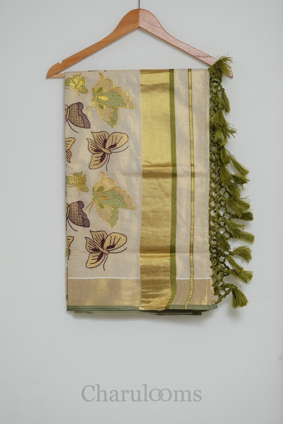 Ivory Tissue Cotton Saree with Multicolour Butterfly Embroidery