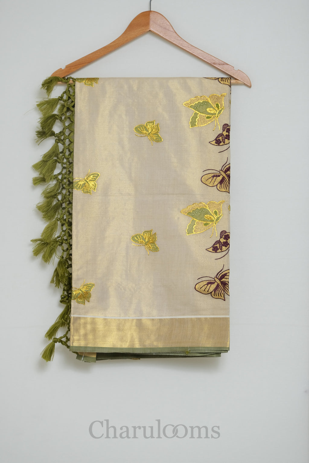Ivory Tissue Cotton Saree with Multicolour Butterfly Embroidery