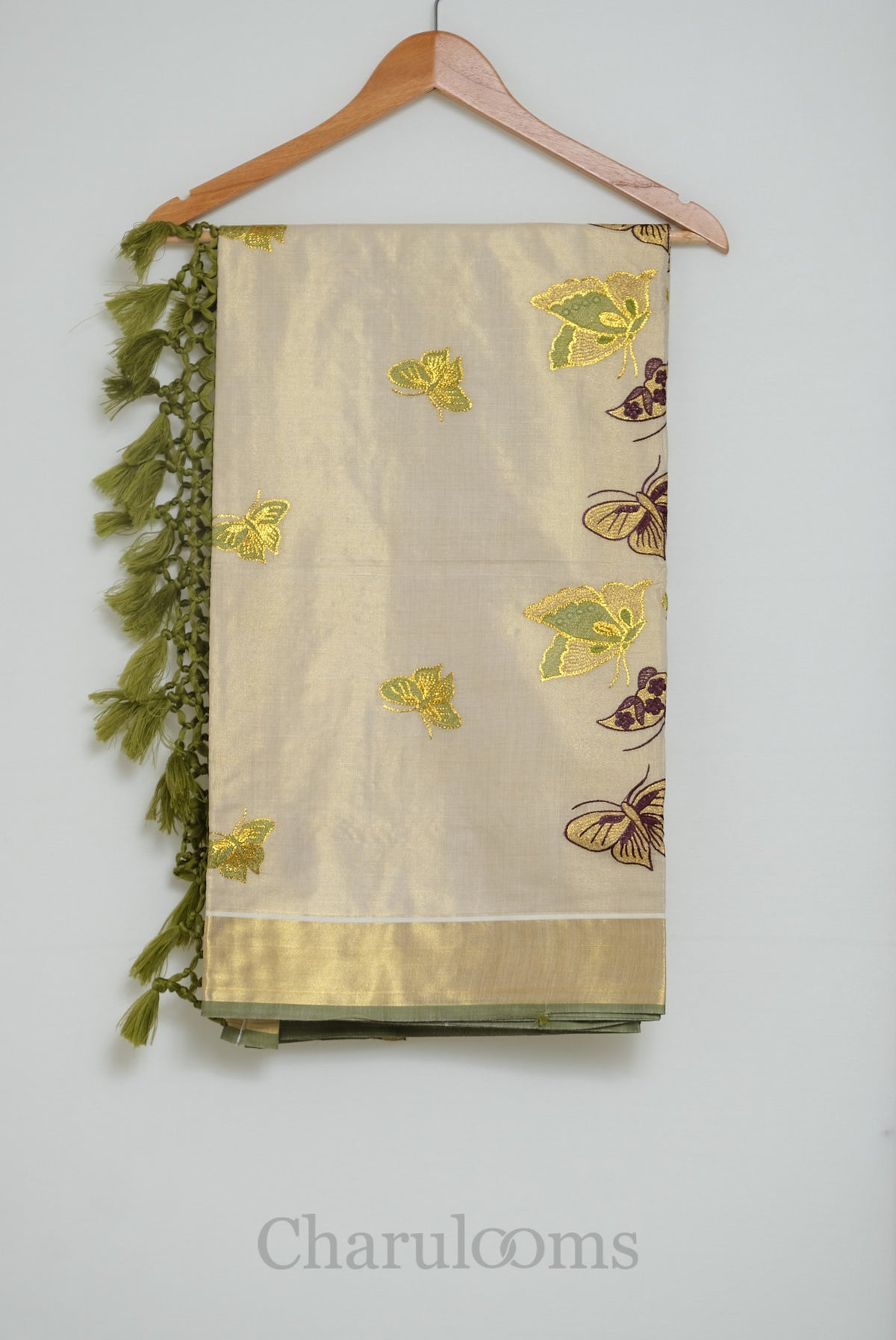 Ivory Tissue Cotton Saree with Multicolour Butterfly Embroidery