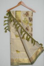 Ivory Tissue Cotton Saree with Multicolour Butterfly Embroidery