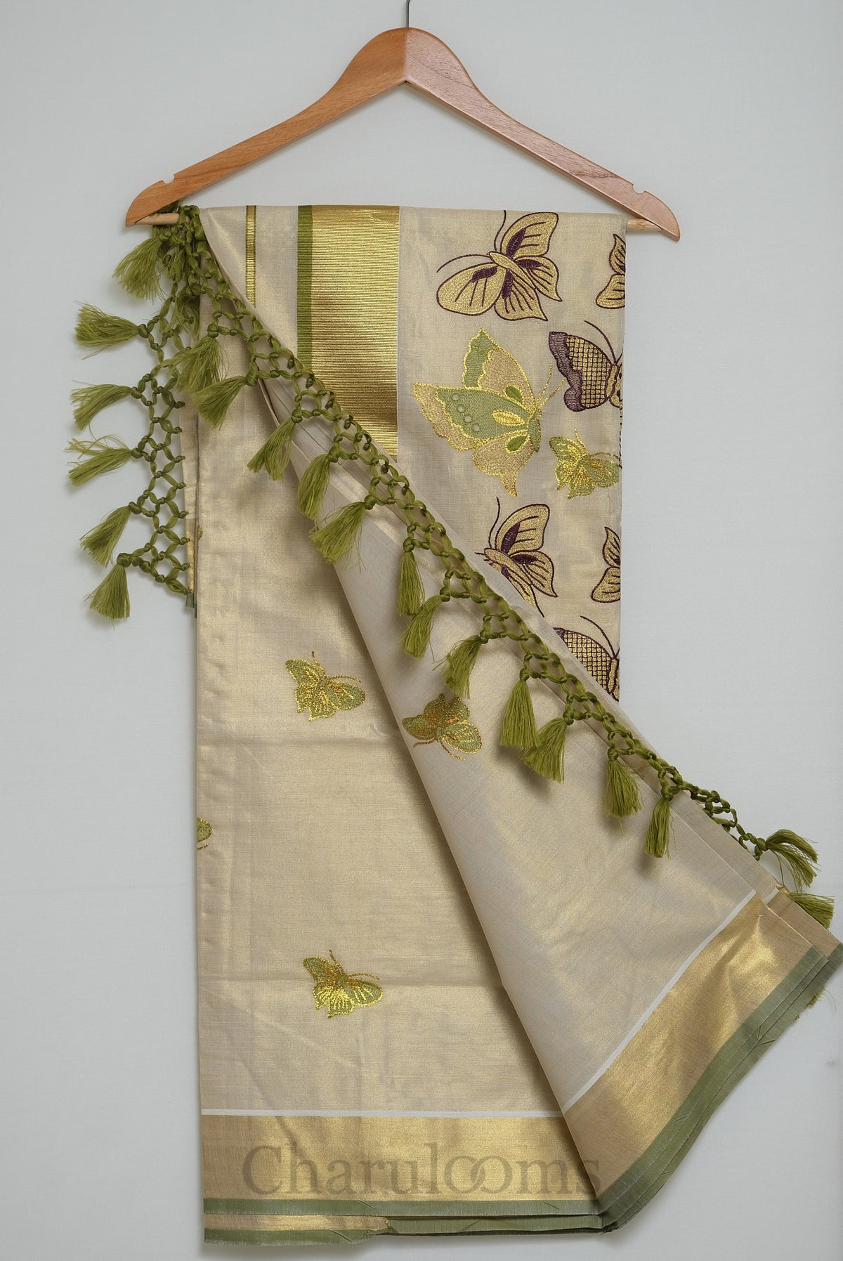 Ivory Tissue Cotton Saree with Multicolour Butterfly Embroidery