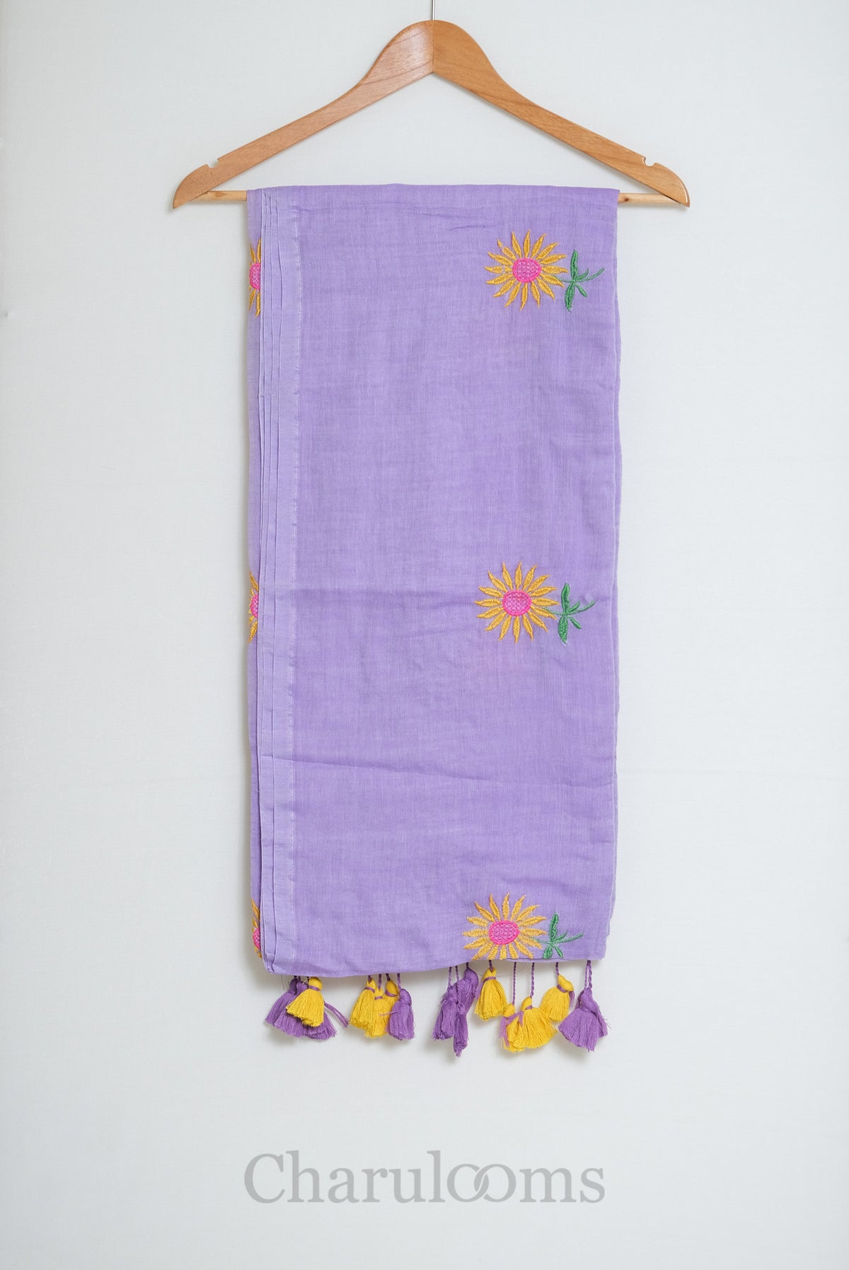 Lavender Mul Cotton Saree with Sunflower Embroidery