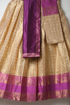 Premium Tissue Silk Dhavani Set – Champagne Gold with Checked Pattern & Magenta Zari Border