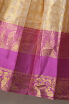 Premium Tissue Silk Dhavani Set – Champagne Gold with Checked Pattern & Magenta Zari Border