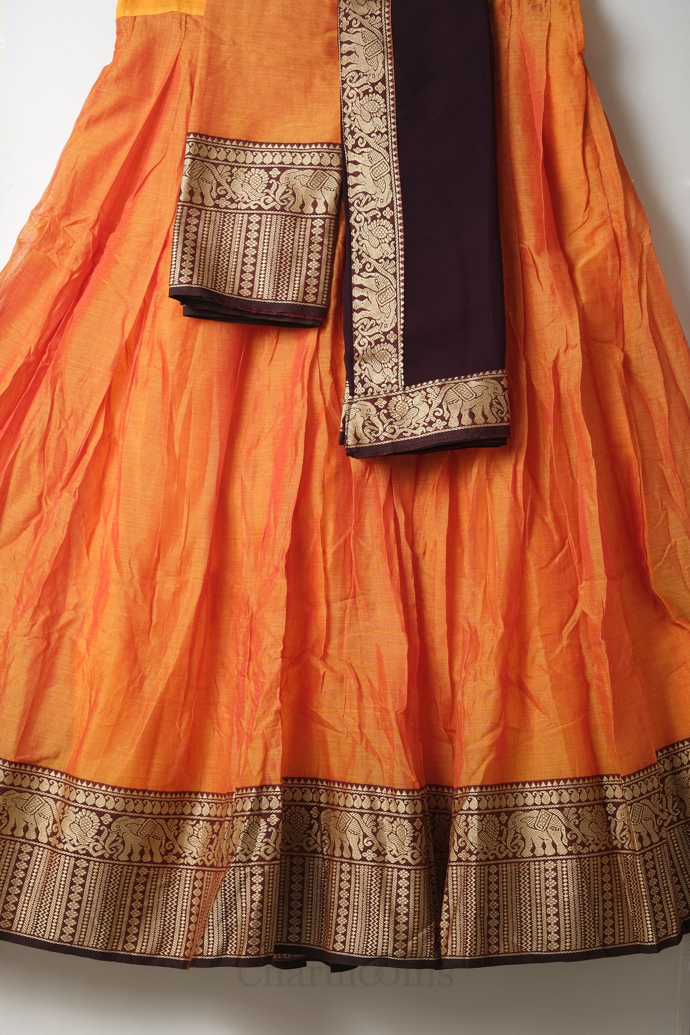 Stitched Skirt Dhavani – Orange & Brown Handloom Narayanpet Cotton | Traditional Half Saree