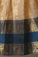 Premium Tissue Silk Dhavani Set – Champagne Gold with Checked Pattern & Teal Blue Zari Border