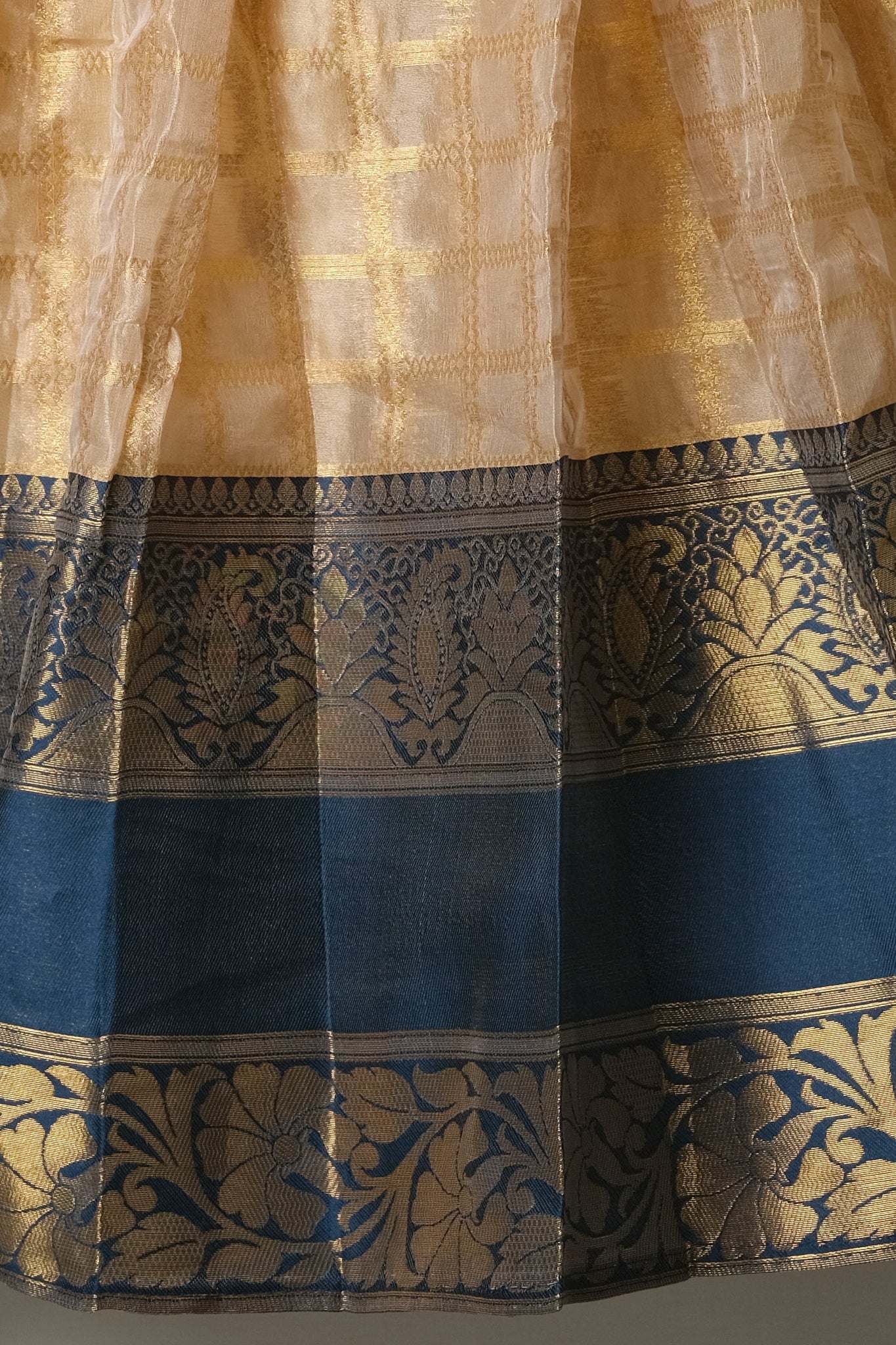 Premium Tissue Silk Dhavani Set – Champagne Gold with Checked Pattern & Teal Blue Zari Border
