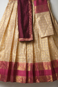 Premium Tissue Silk Dhavani Set – Champagne Gold with Checked Pattern & Maroon Zari Border