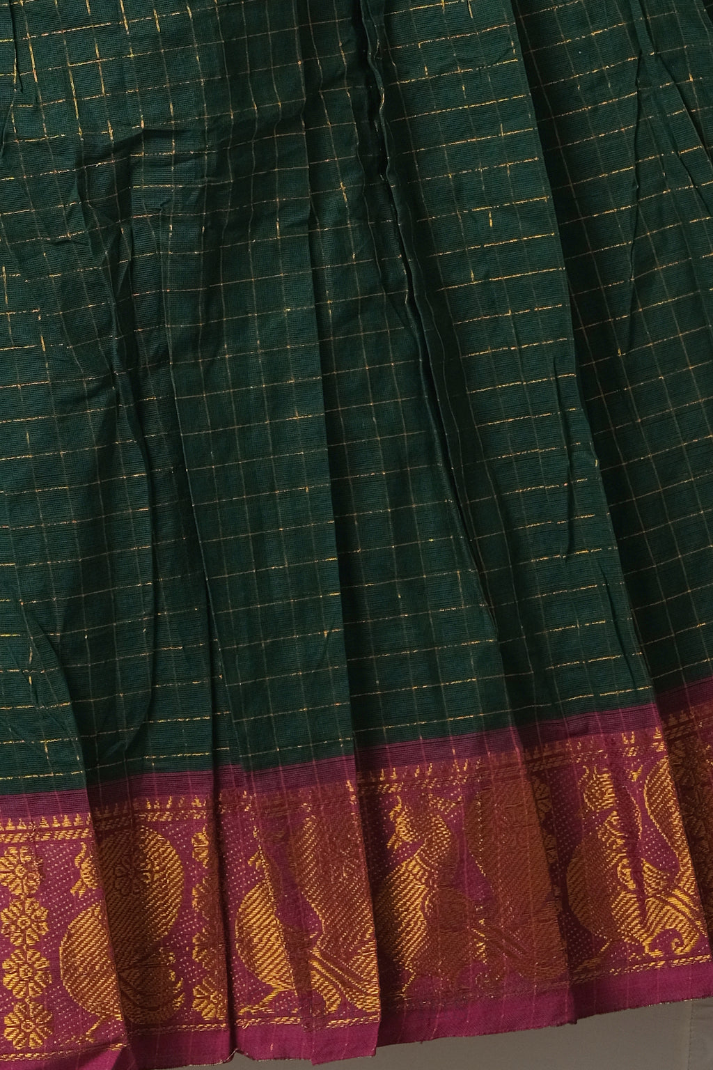 Stitched Skirt Dhavani – Bottle Green & Pink Pure Cotton Checks | Traditional Half Saree