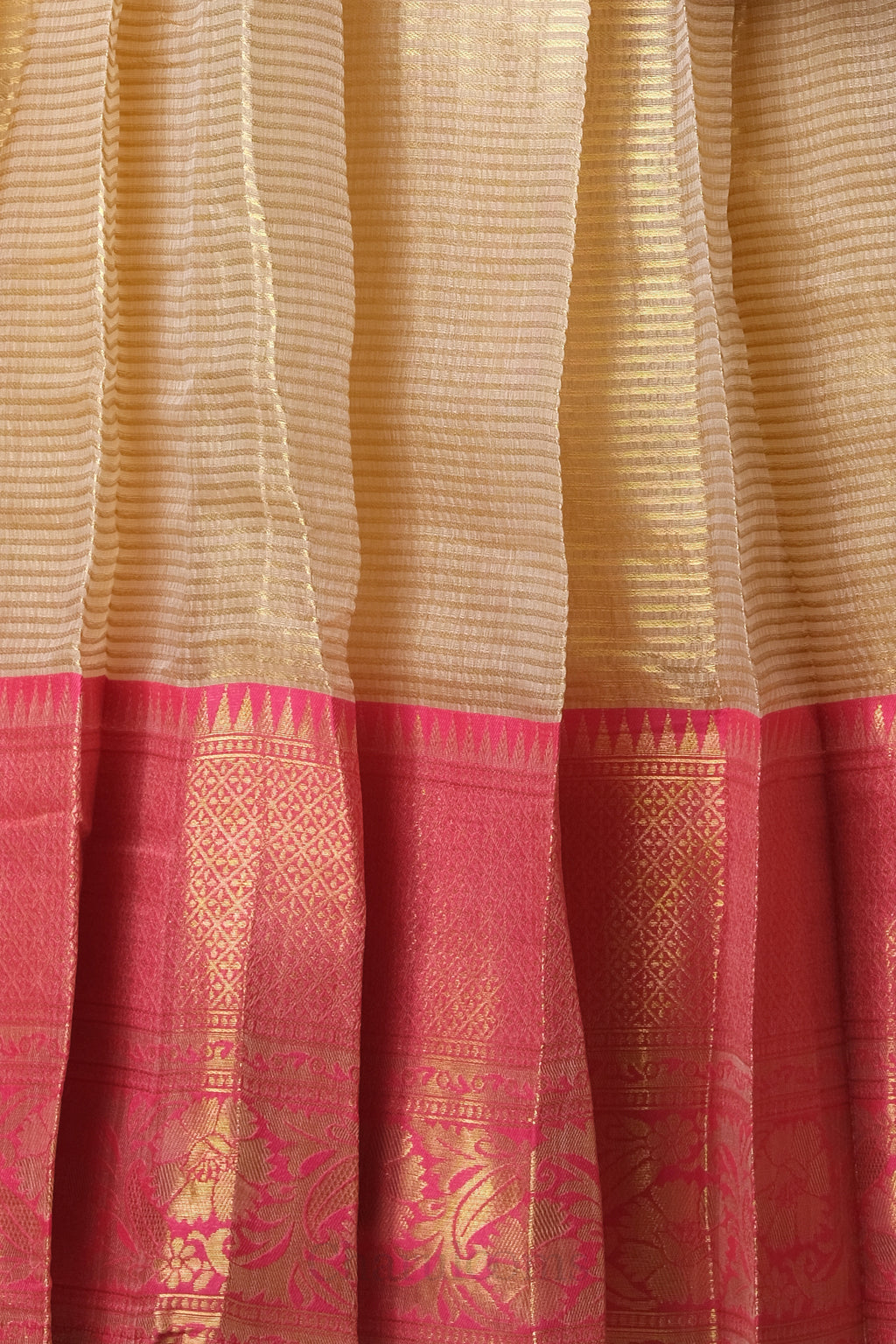 Premium Tissue Silk Dhavani Set – Champagne Gold with Striped Pattern & Rose Pink Zari Border