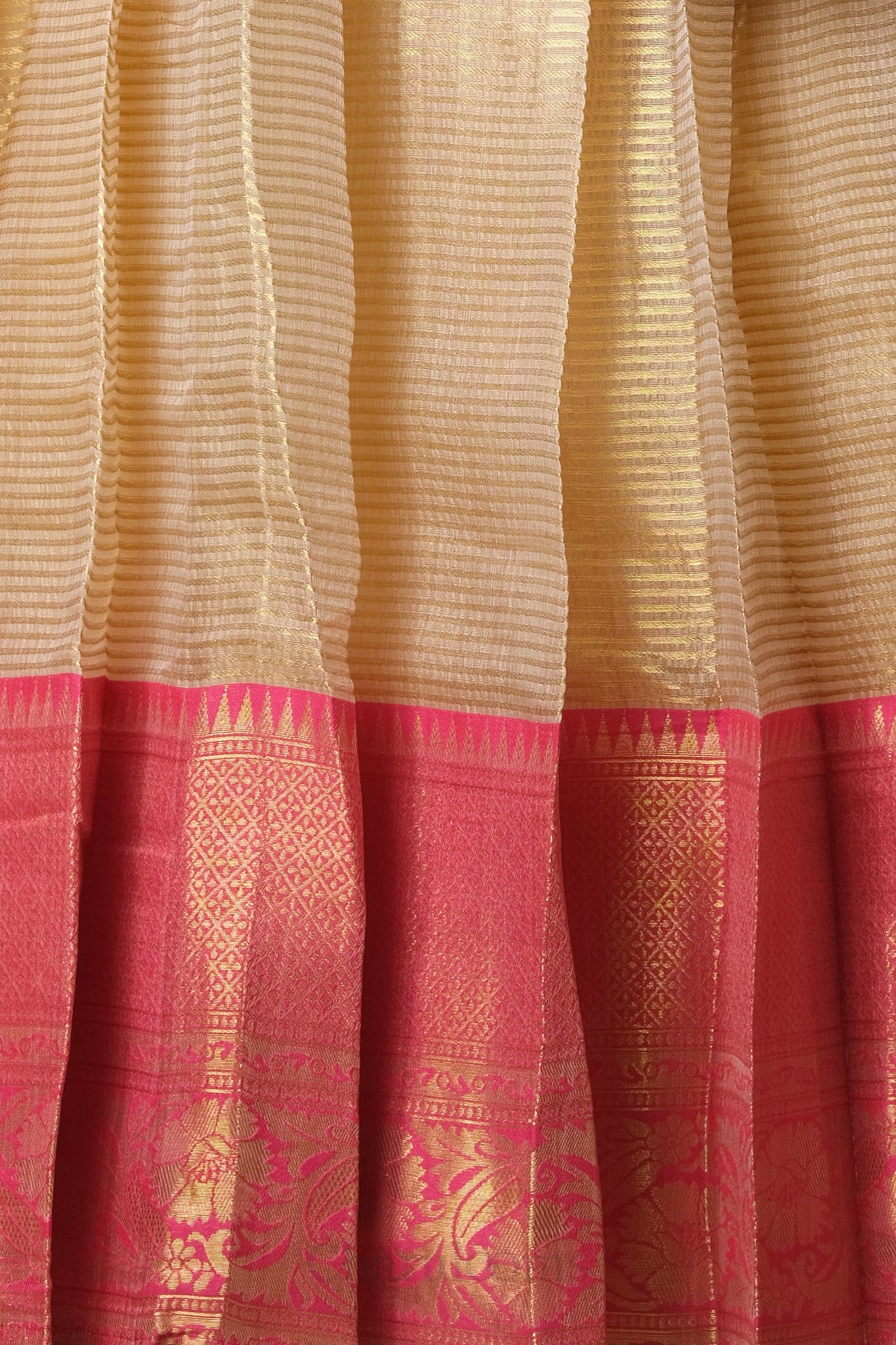 Premium Tissue Silk Dhavani Set – Champagne Gold with Striped Pattern & Rose Pink Zari Border