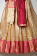 Premium Tissue Silk Dhavani Set – Champagne Gold with Striped Pattern & Rose Pink Zari Border