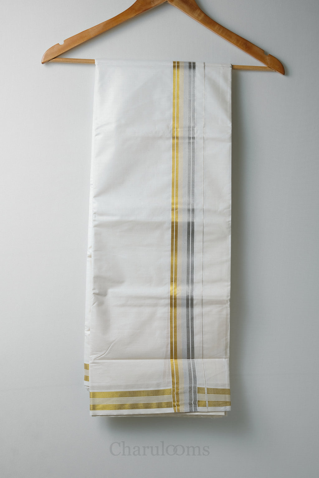 Premium Silver & Gold Kara Kasav Mundu – 100% Cotton Traditional Kerala Dhoti