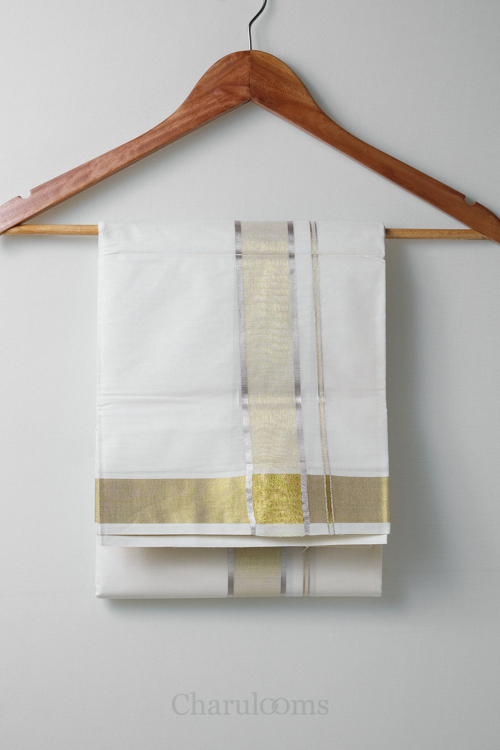 Premium Silver & Golden Tissue Kasav Mundu – 100% Cotton Traditional Kerala Dhoti