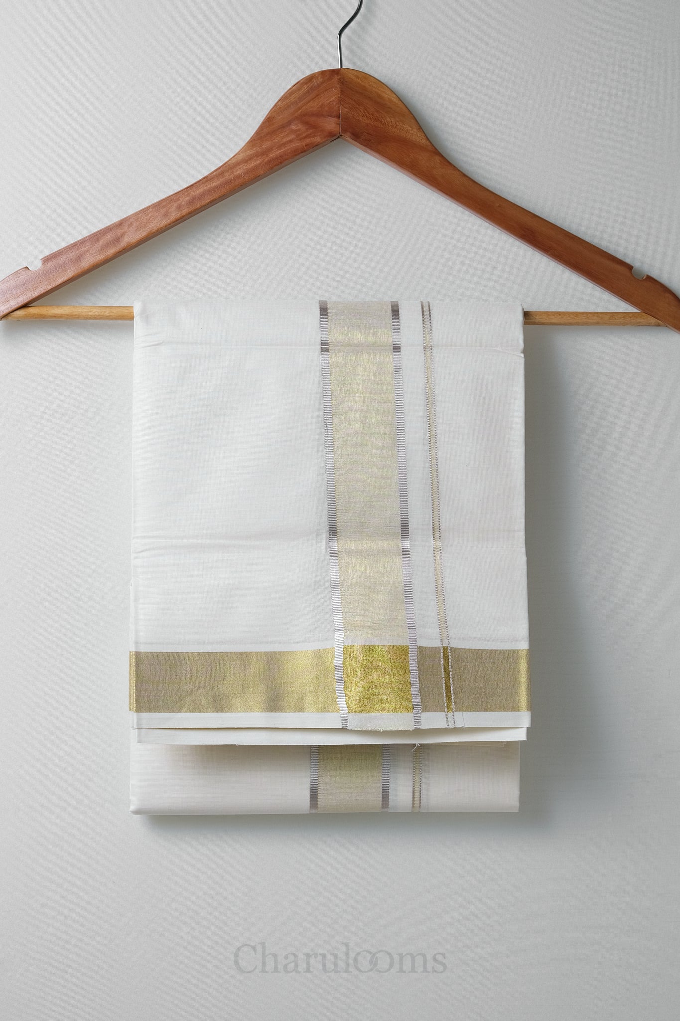 Premium Silver & Golden Tissue Kasav Mundu – 100% Cotton Traditional Kerala Dhoti