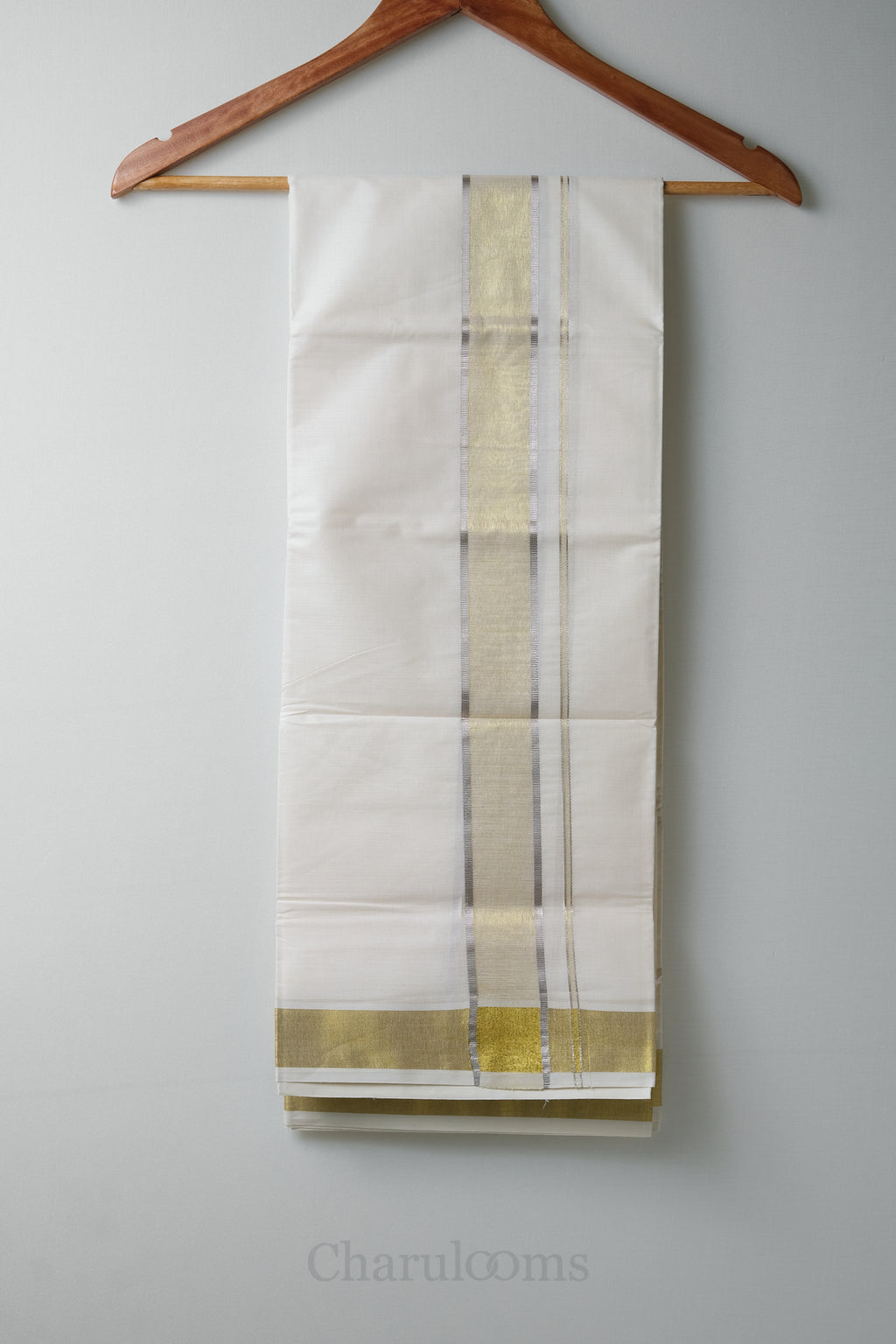 Premium Silver & Golden Tissue Kasav Mundu – 100% Cotton Traditional Kerala Dhoti