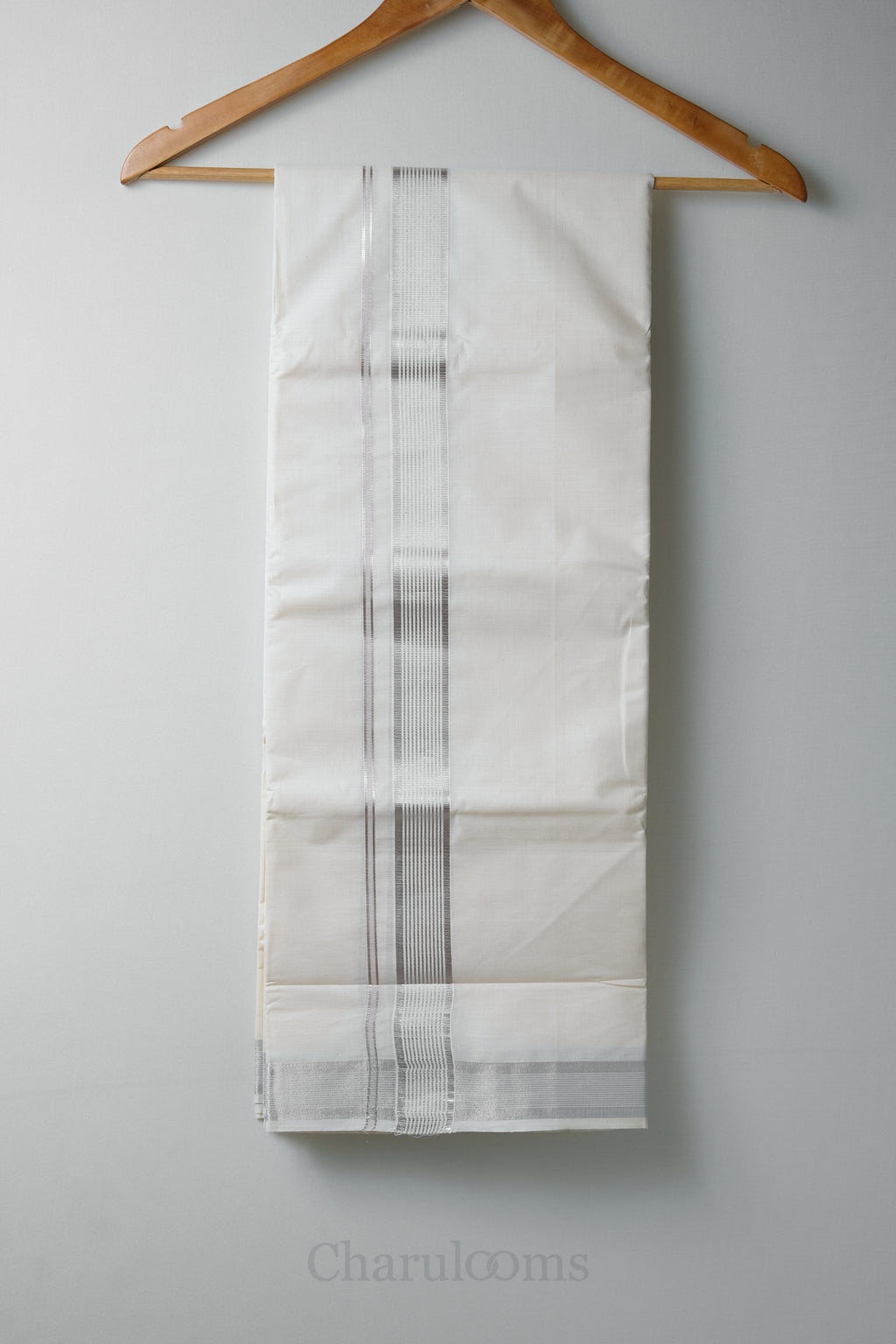 Premium Silver Kara Kasav Mundu – 100% Cotton Modern Kerala Dhoti