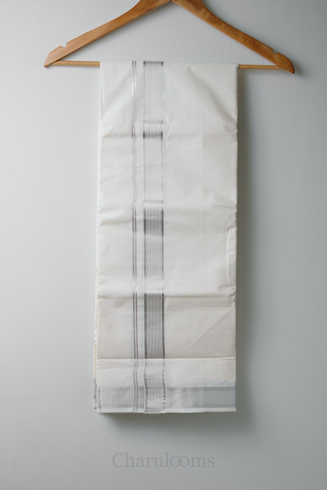 Premium Silver Kara Kasav Mundu – 100% Cotton Modern Kerala Dhoti