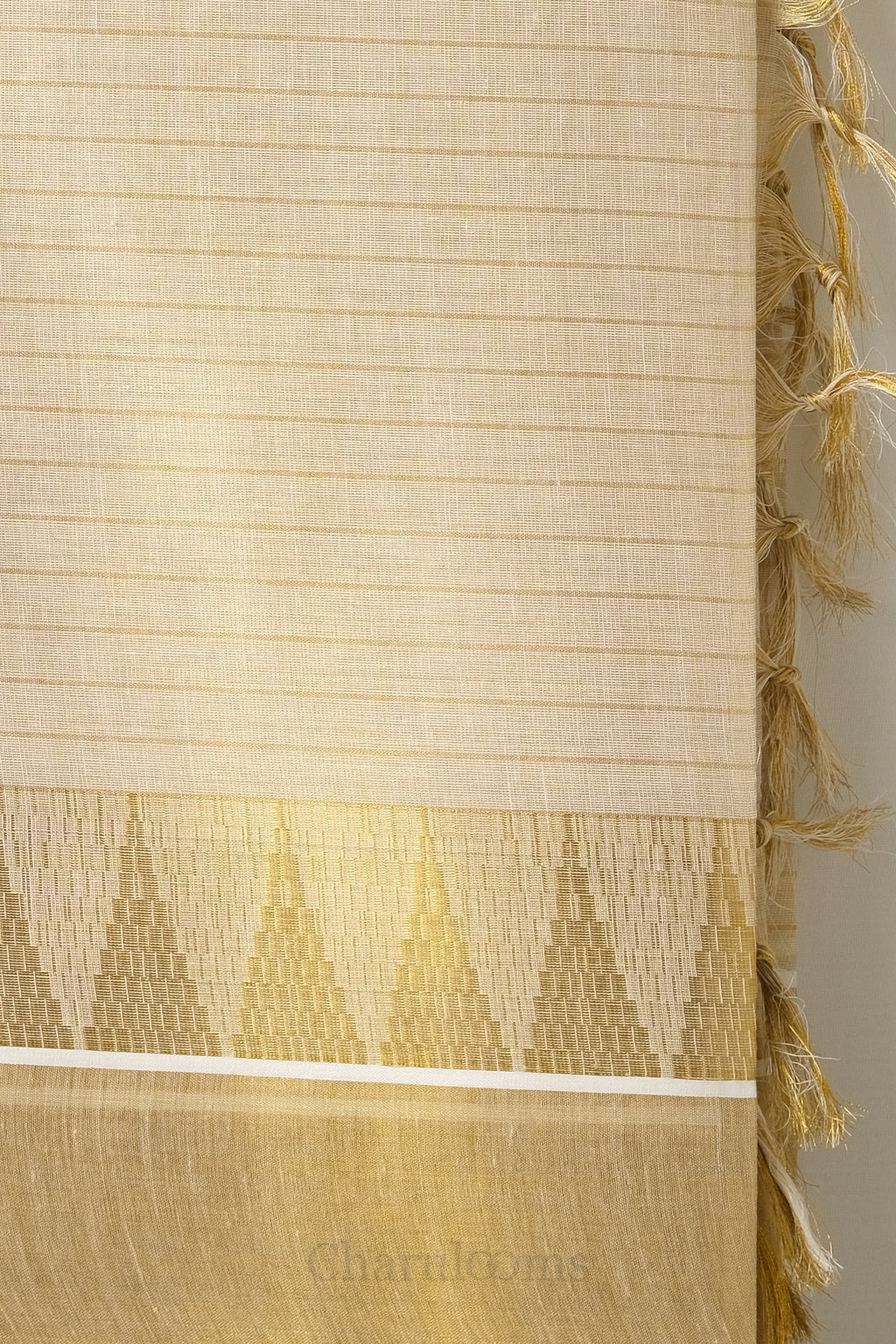 Golden Stripes Temple Border Tissue Set Saree – Premium Kerala Kasavu Blend