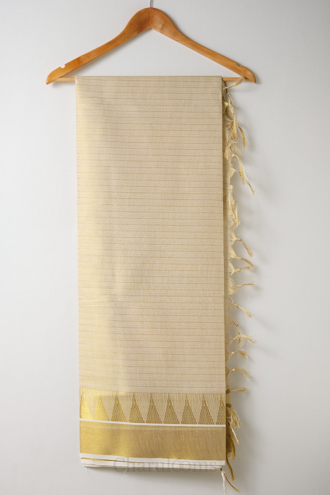Golden Stripes Temple Border Tissue Set Saree – Premium Kerala Kasavu Blend