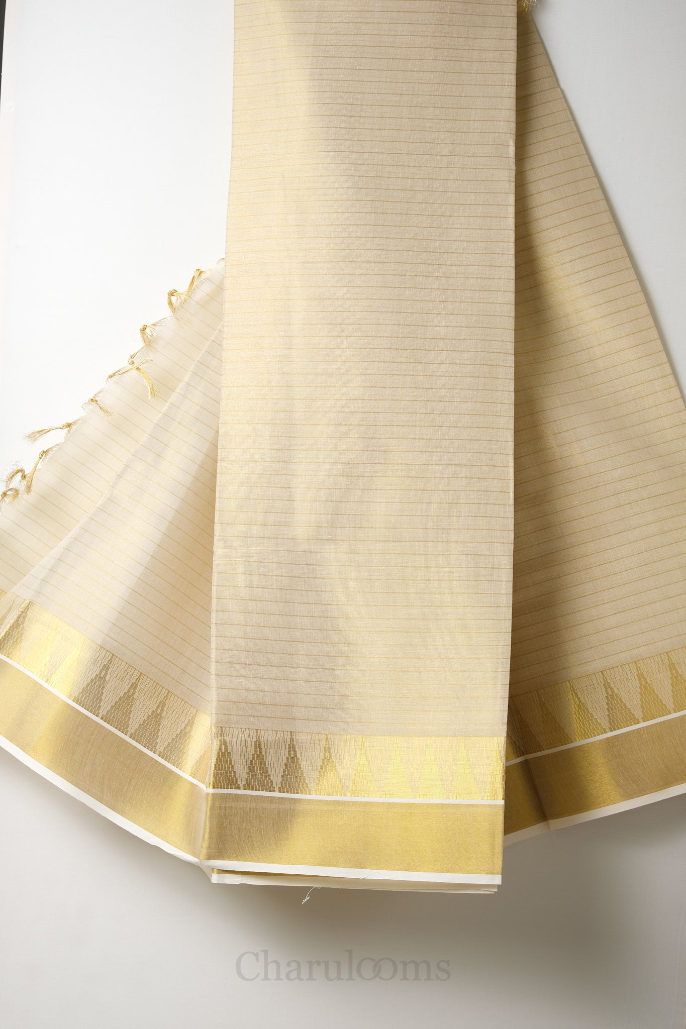 Golden Stripes Temple Border Tissue Set Saree – Premium Kerala Kasavu Blend