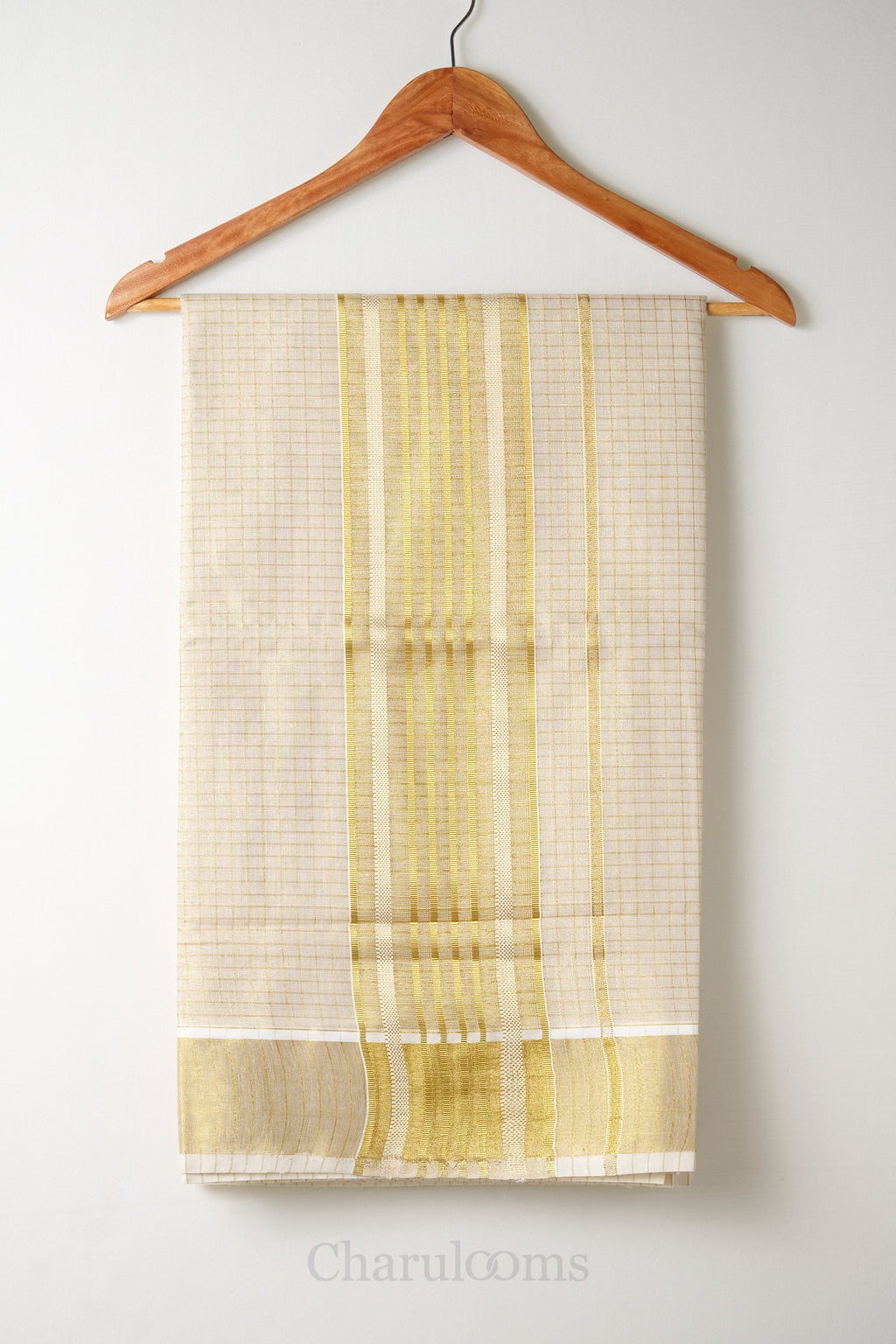 Micro Checks Golden Tissue Set Saree – Premium Kerala Kasavu Blend
