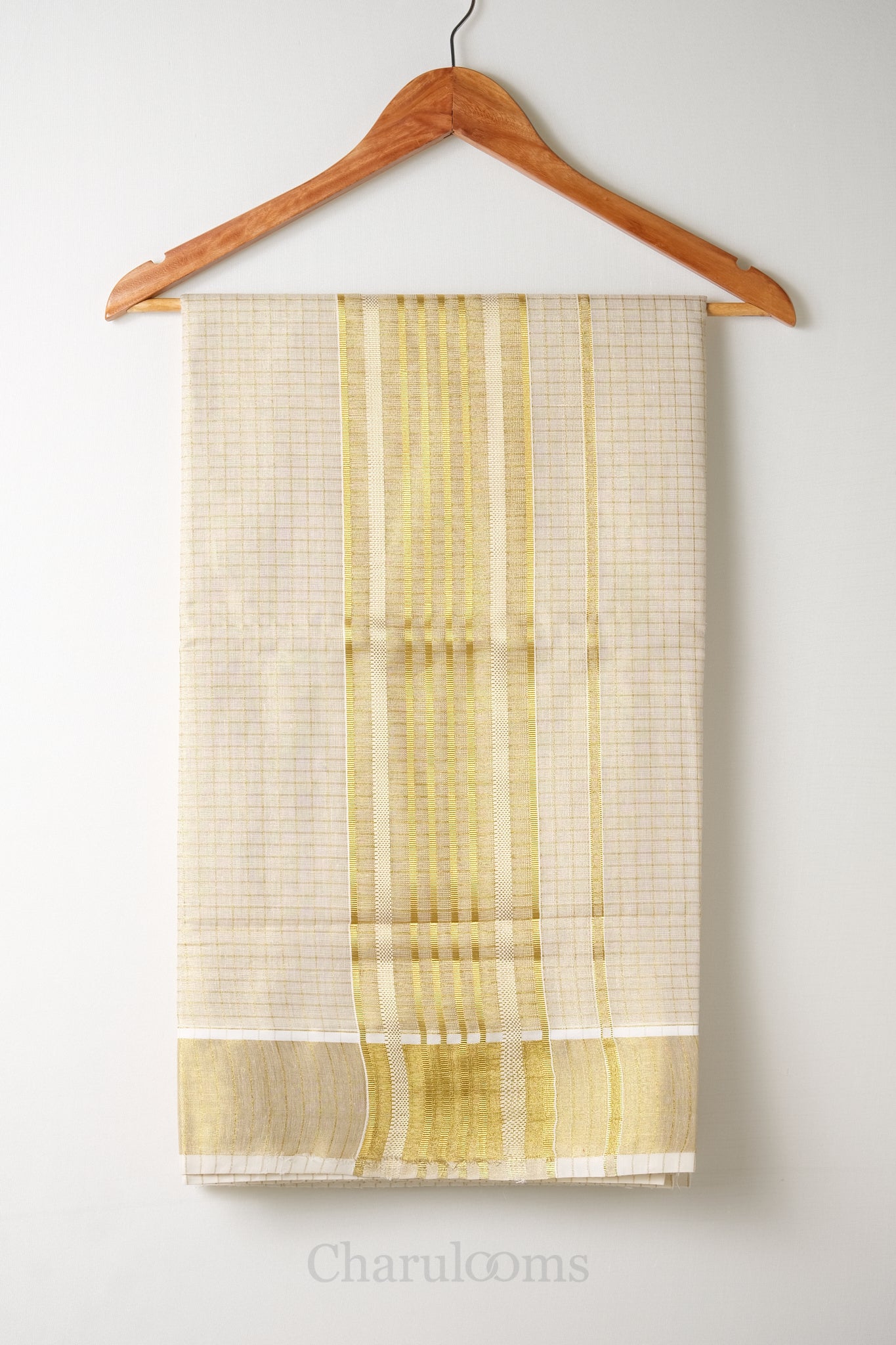 Micro Checks Golden Tissue Set Saree – Premium Kerala Kasavu Blend