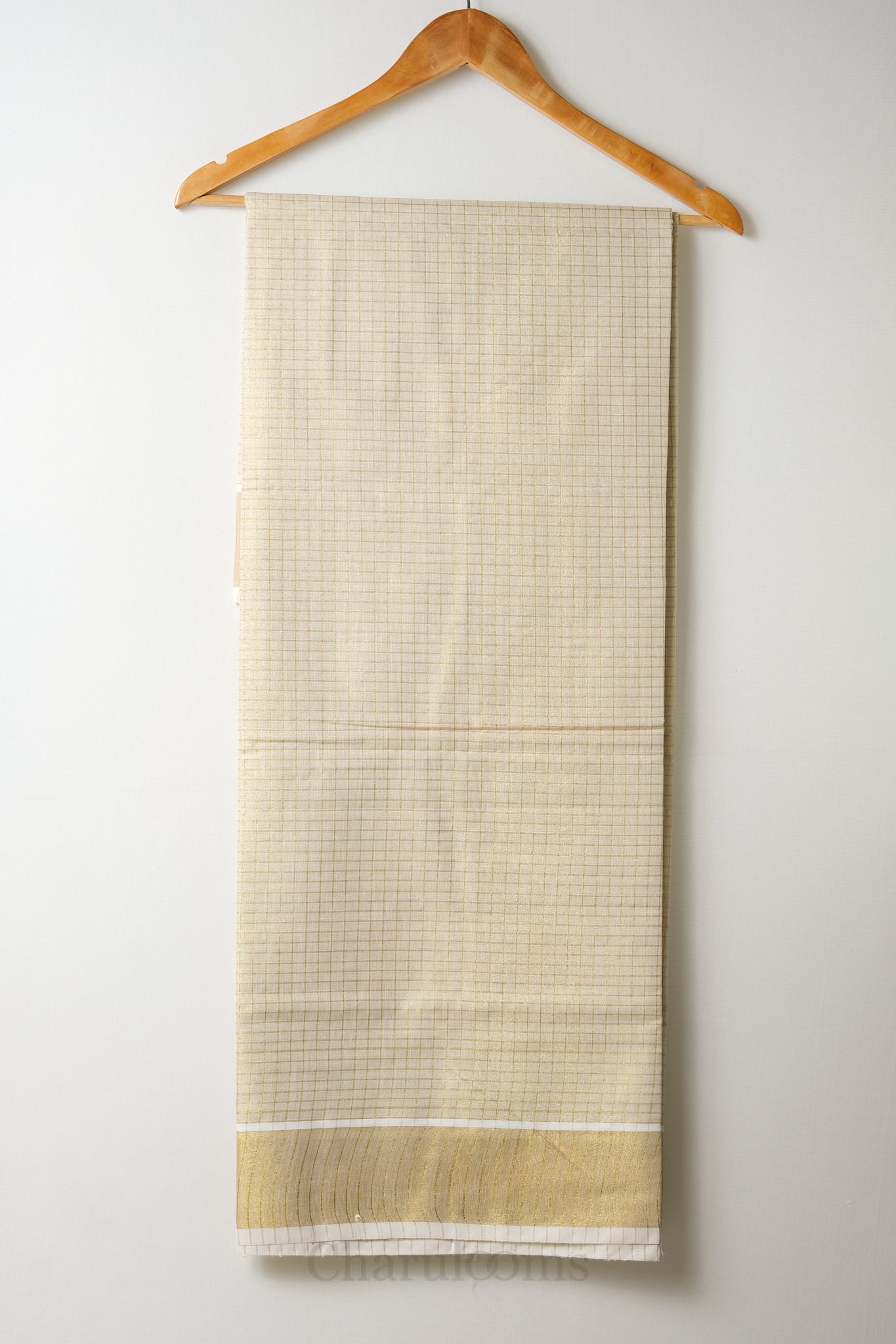 Micro Checks Golden Tissue Set Saree – Premium Kerala Kasavu Blend