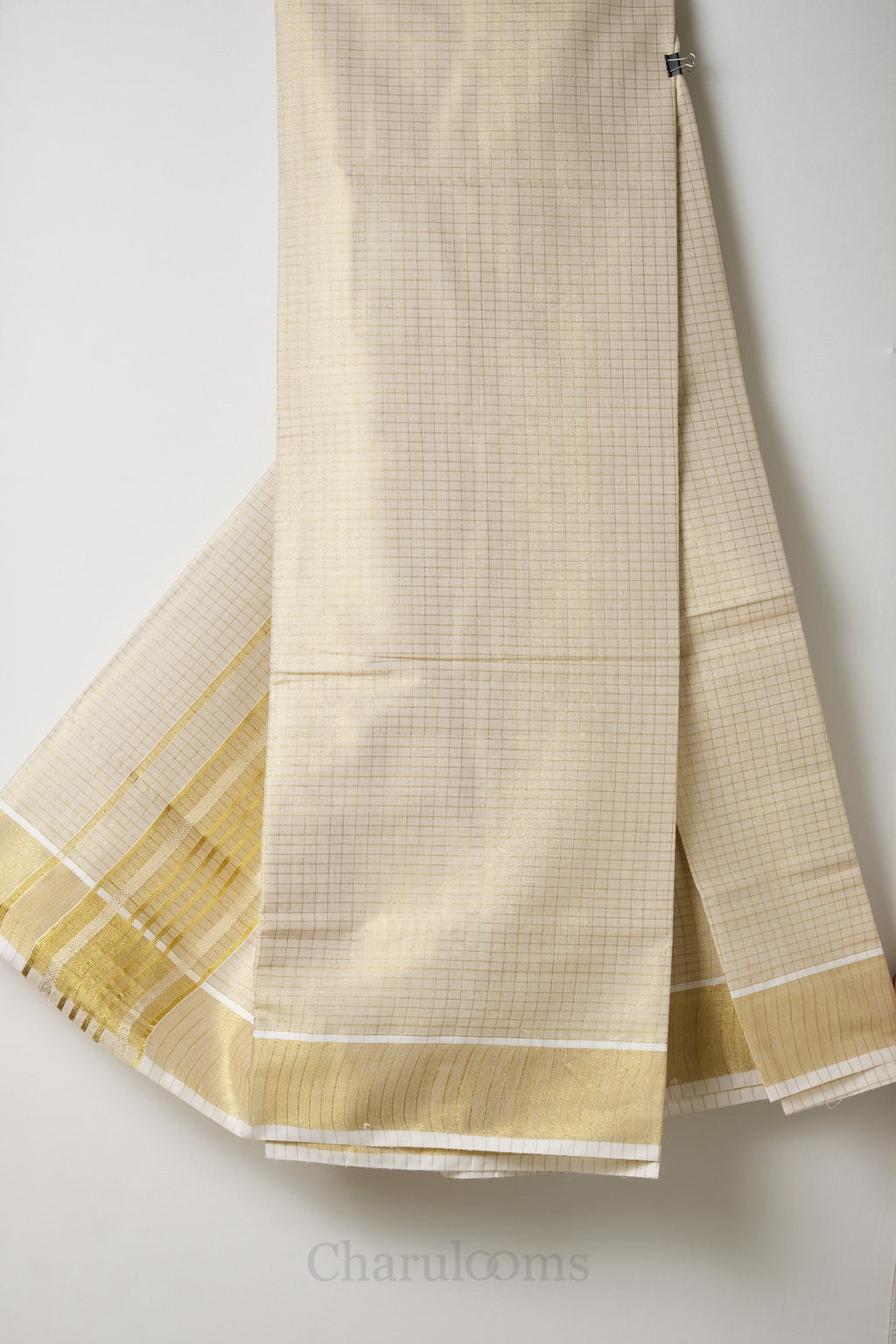 Micro Checks Golden Tissue Set Saree – Premium Kerala Kasavu Blend