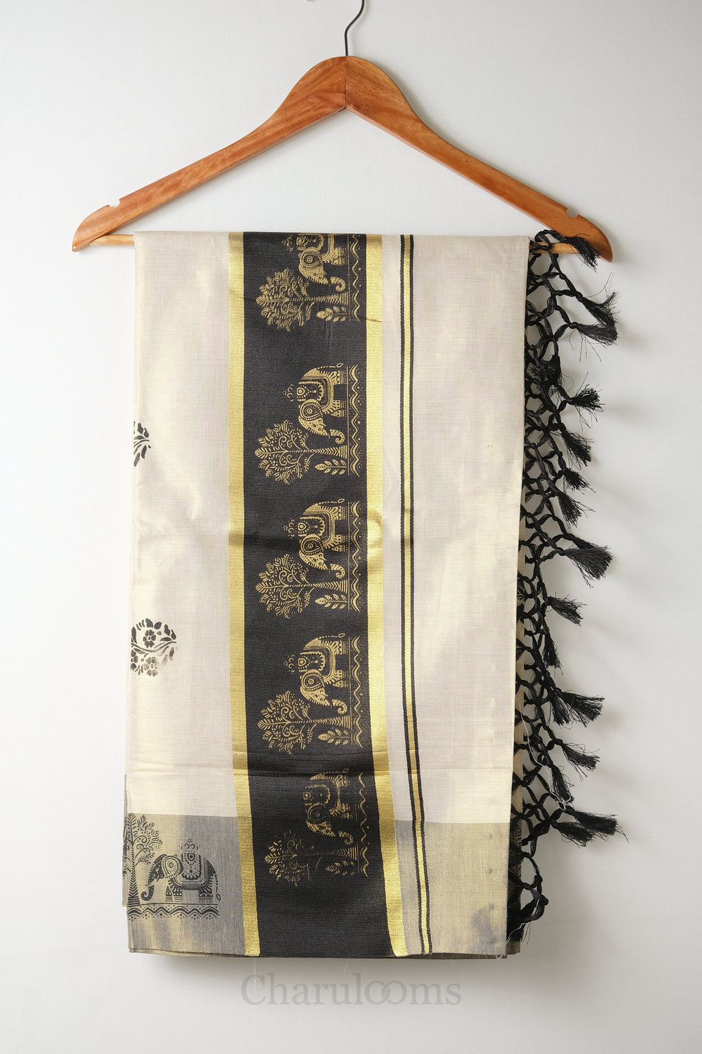 Black & Golden Border Tissue Set Saree – Premium Kerala Kasavu Blend