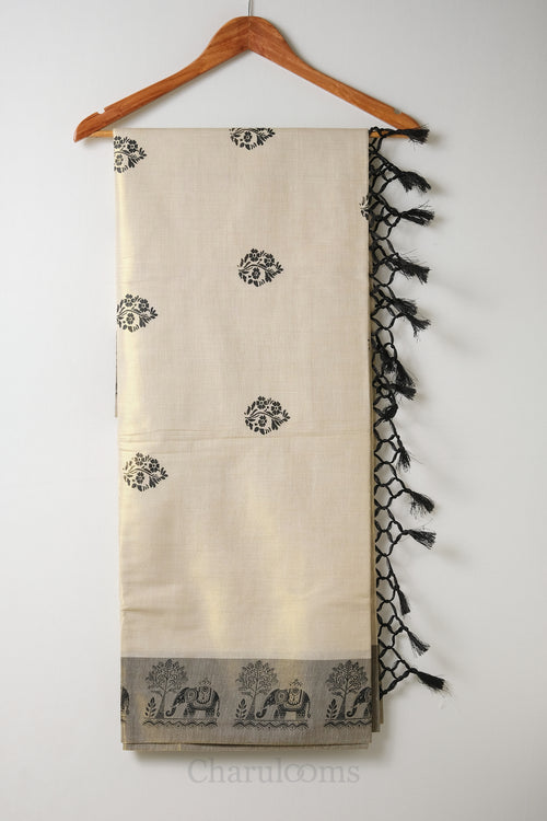 Black & Golden Border Tissue Set Saree – Premium Kerala Kasavu Blend