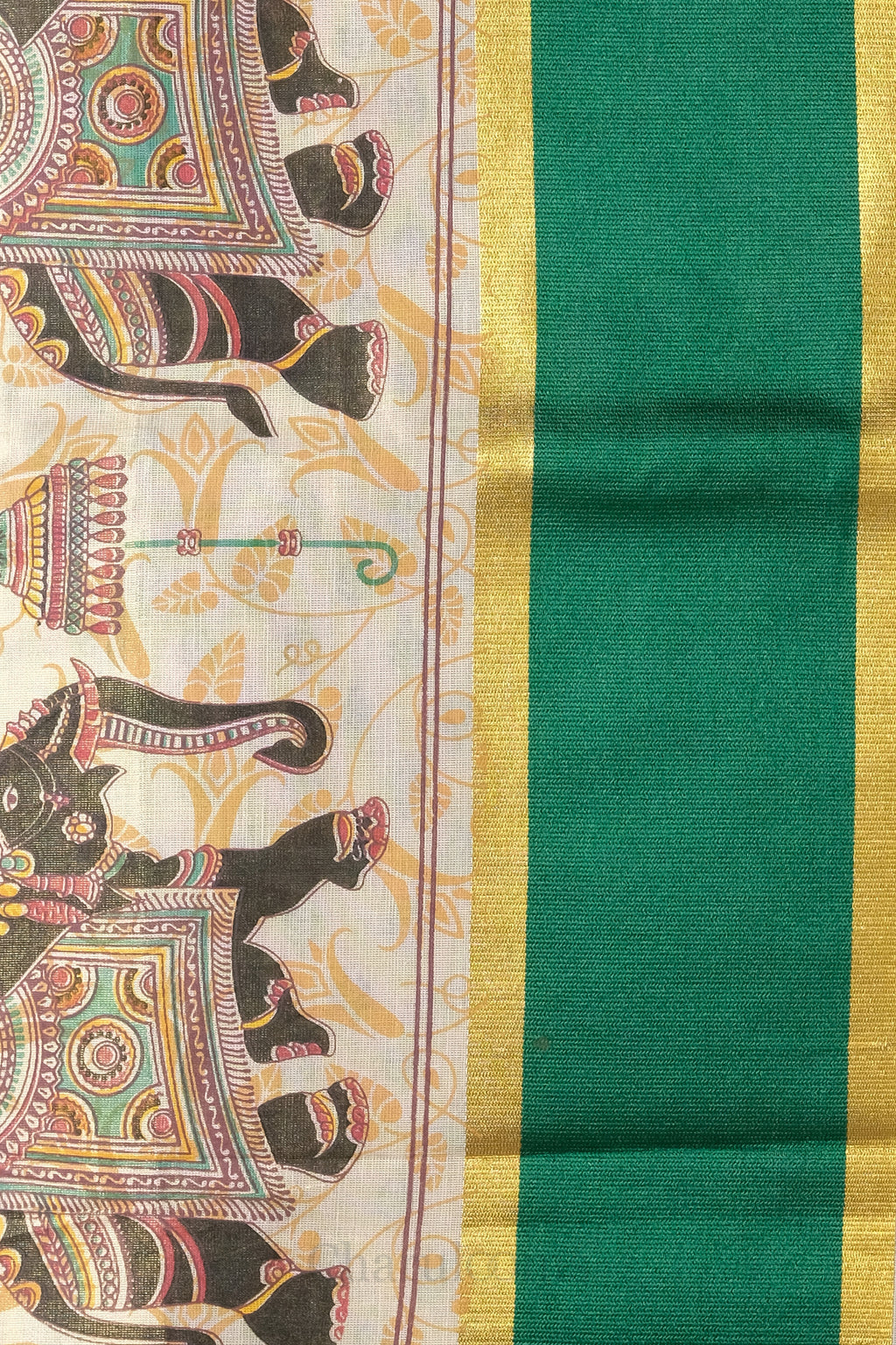 Elephant Print Green & Golden Kasav Tissue Set Saree – Traditional Motif Saree