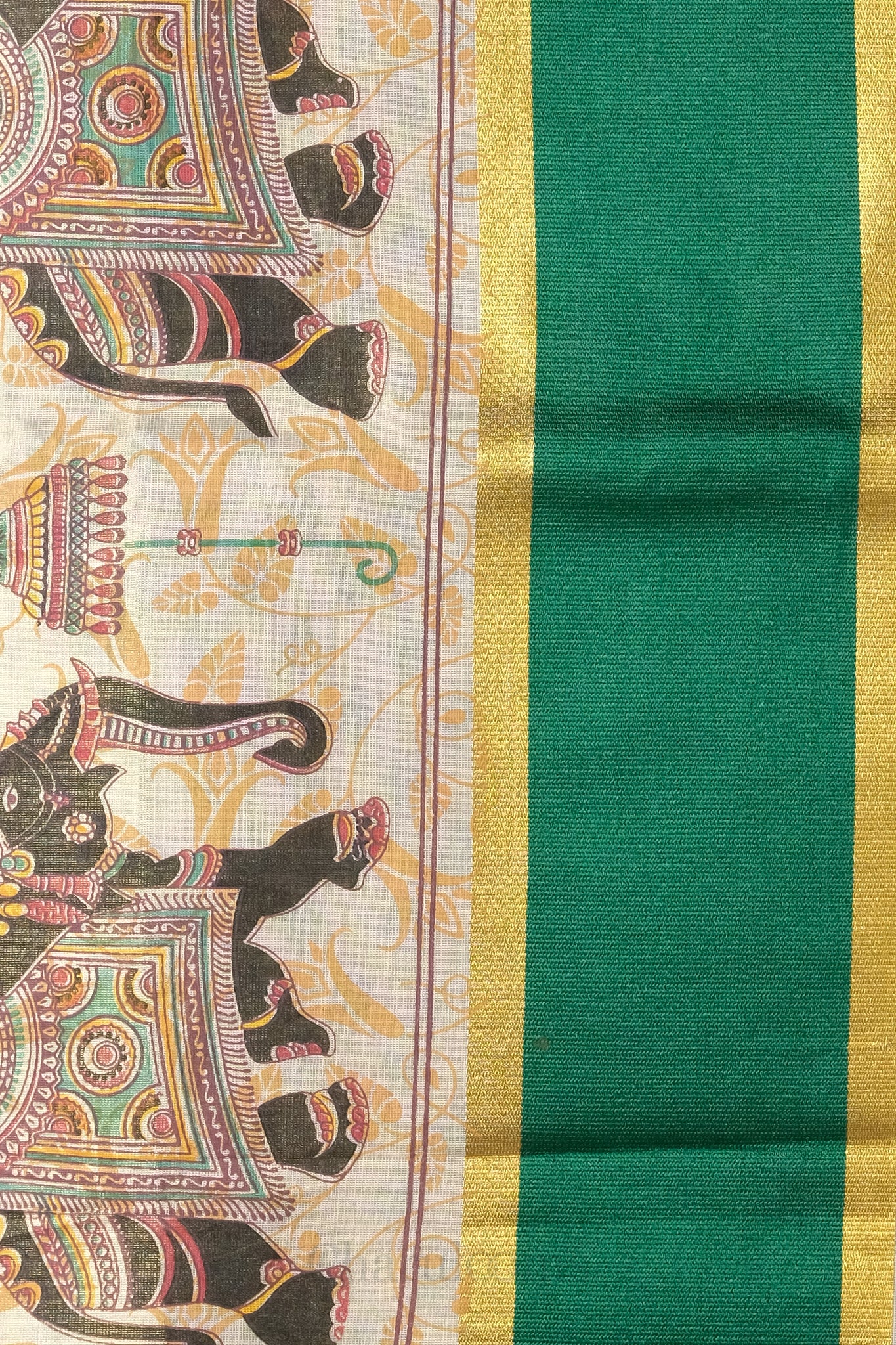 Elephant Print Green & Golden Kasav Tissue Set Saree – Traditional Motif Saree