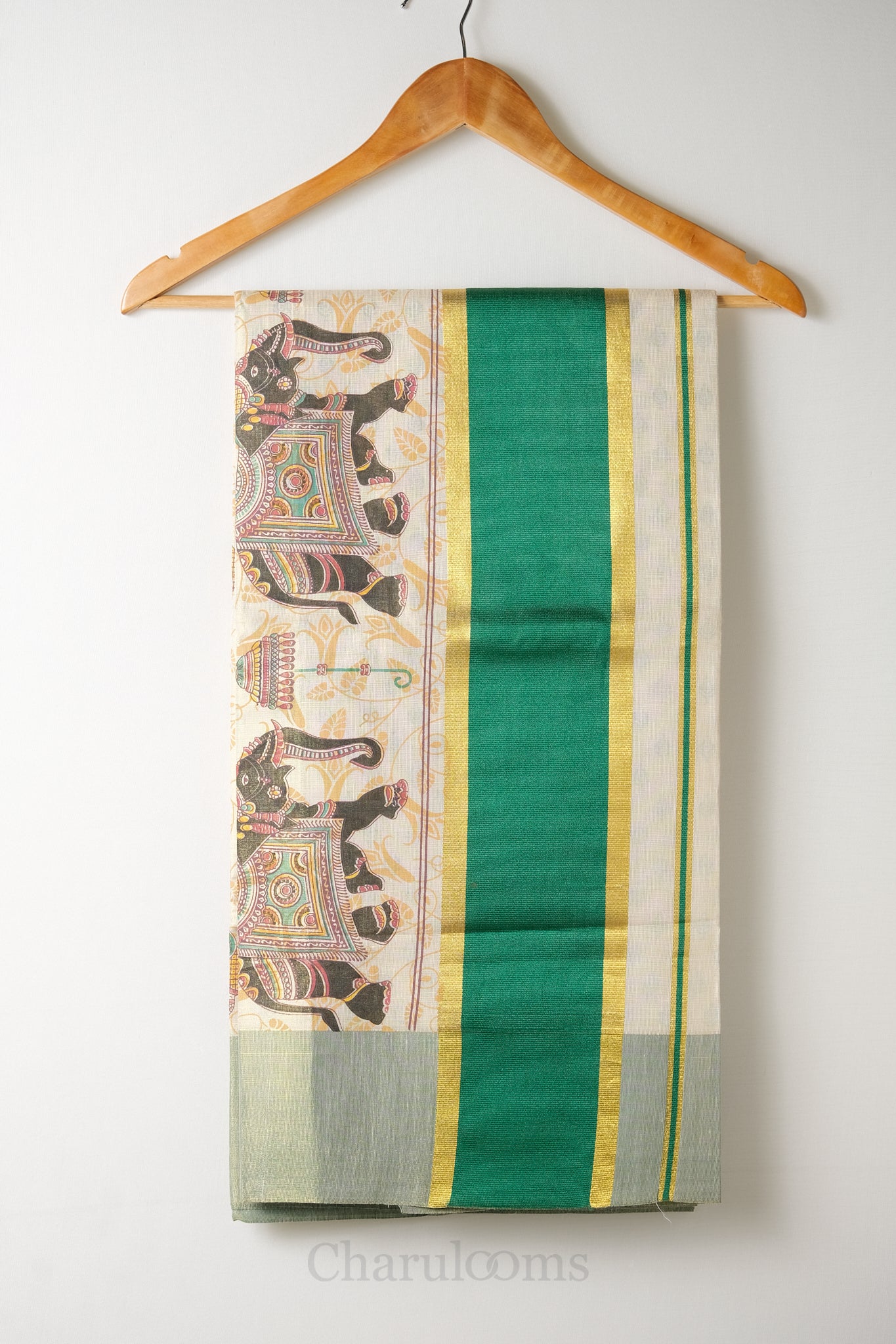 Elephant Print Green & Golden Kasav Tissue Set Saree – Traditional Motif Saree