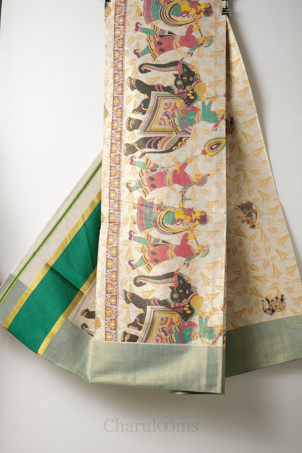 Elephant Print Green & Golden Kasav Tissue Set Saree – Traditional Motif Saree