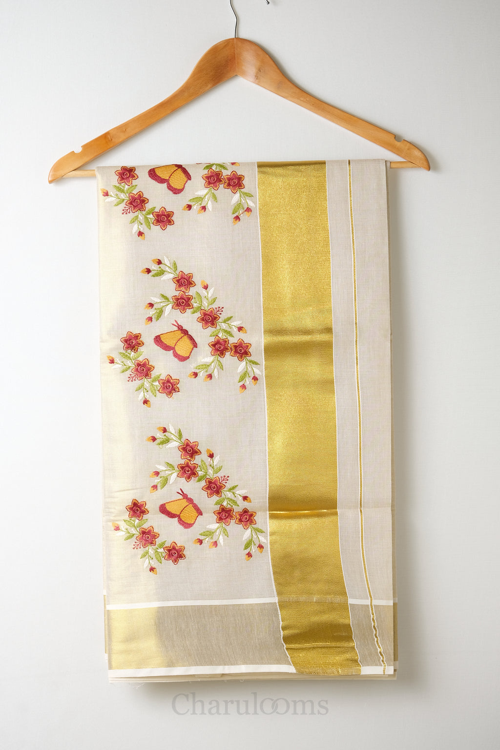 Flower Embroidery Golden Tissue Set Saree – Premium Festive Hand-Embroidered Saree