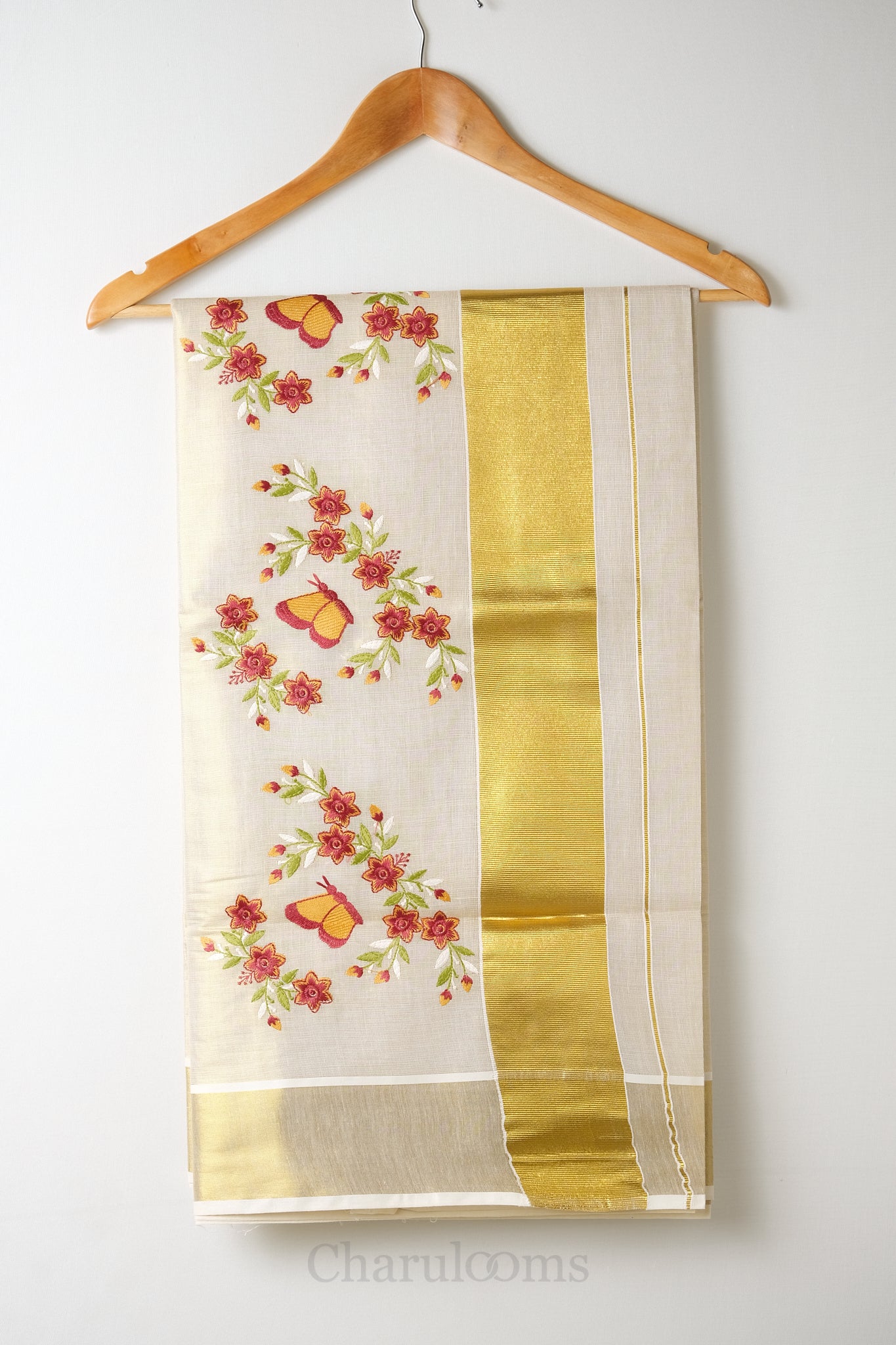 Flower Embroidery Golden Tissue Set Saree – Premium Festive Hand-Embroidered Saree