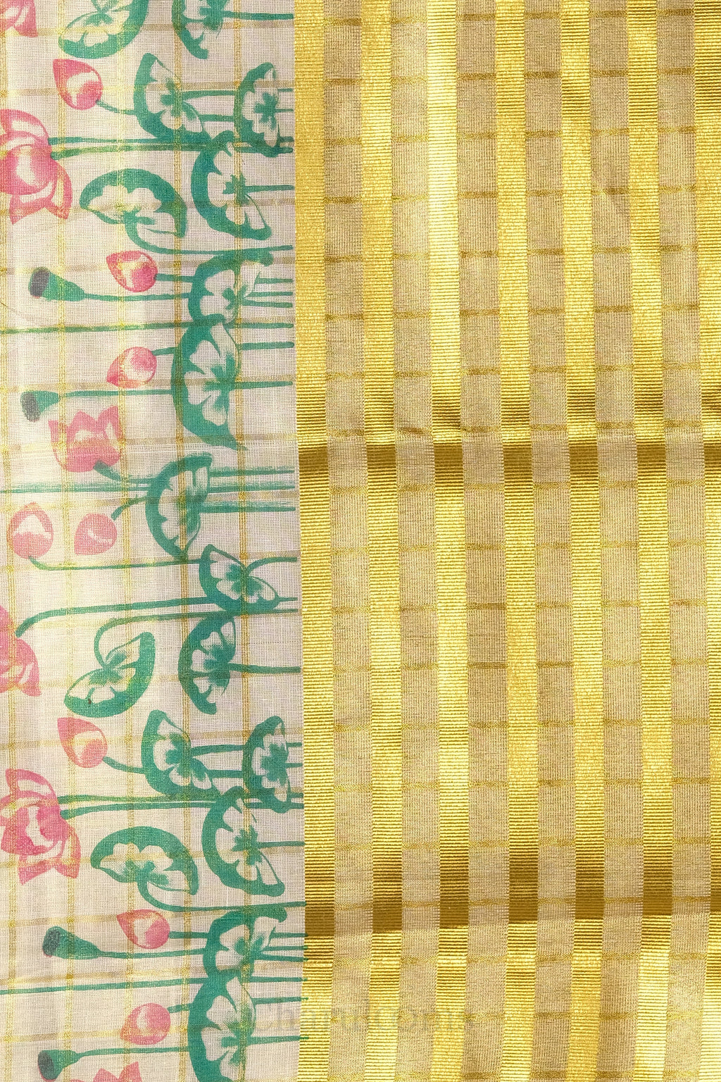 Checks with Lotus Print Tissue Set Saree – Premium Floral Festive Wear