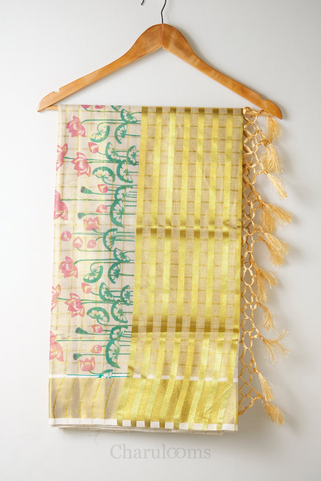 Checks with Lotus Print Tissue Set Saree – Premium Floral Festive Wear