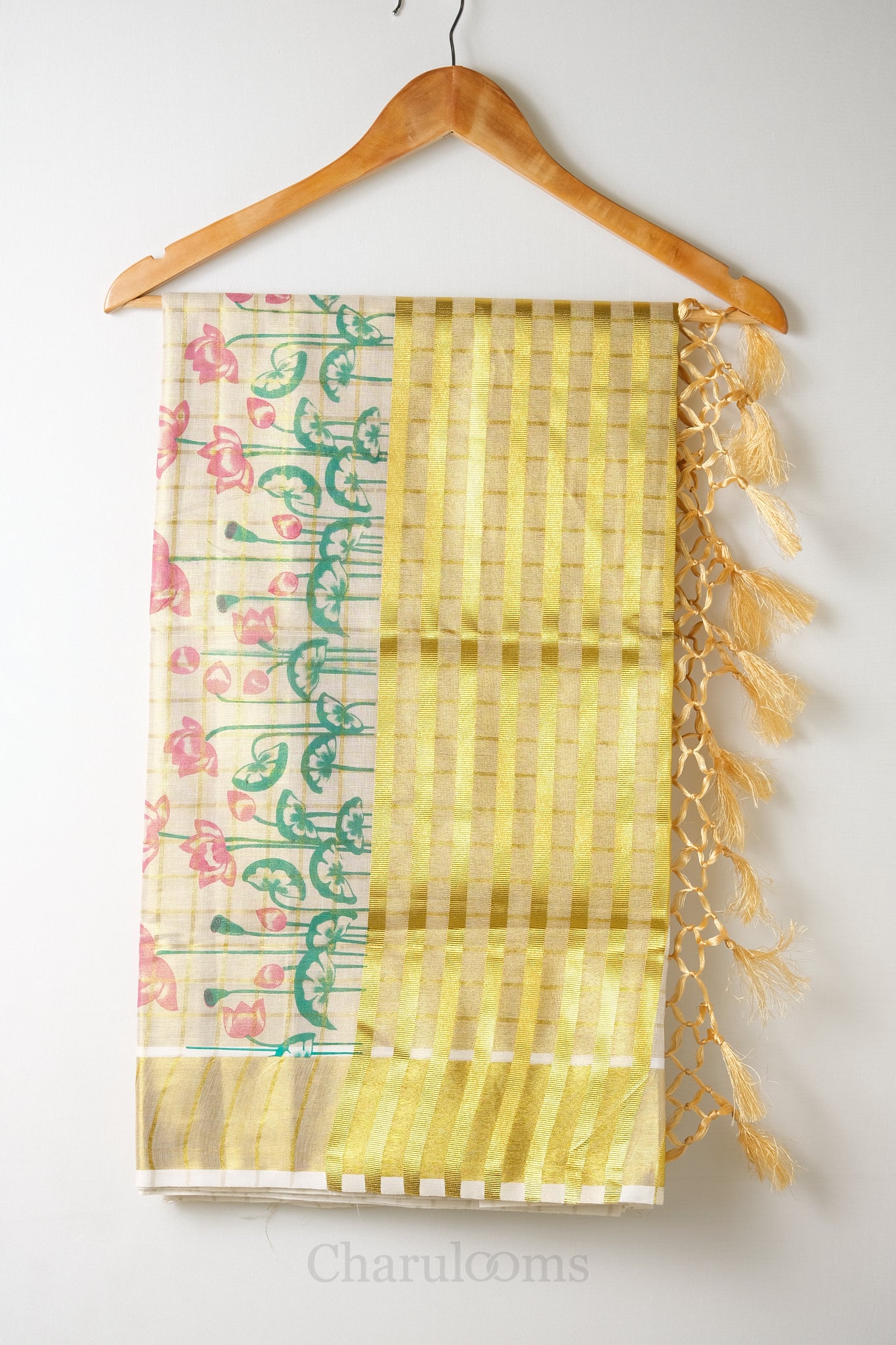 Checks with Lotus Print Tissue Set Saree – Premium Floral Festive Wear