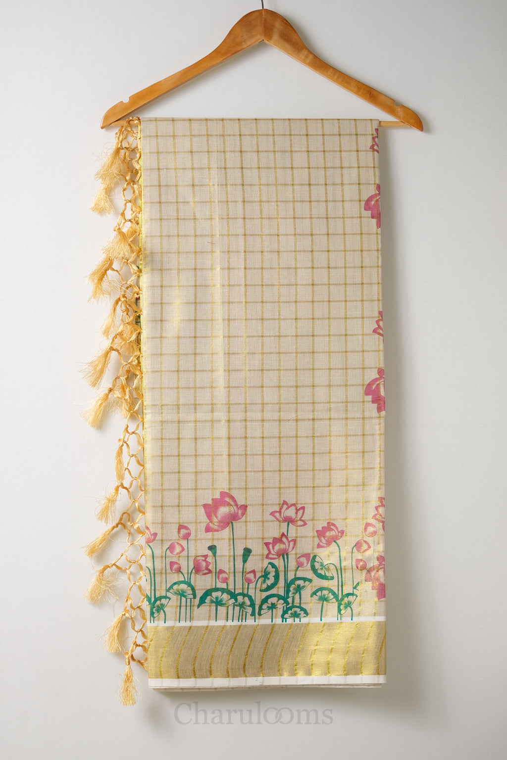 Checks with Lotus Print Tissue Set Saree – Premium Floral Festive Wear