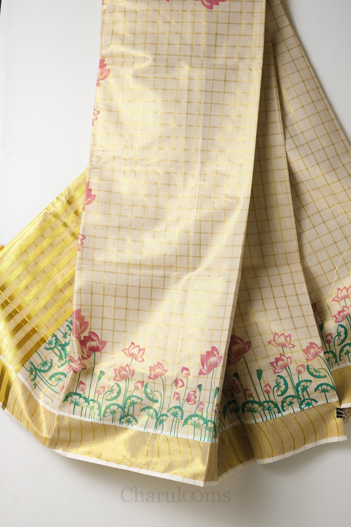 Checks with Lotus Print Tissue Set Saree – Premium Floral Festive Wear